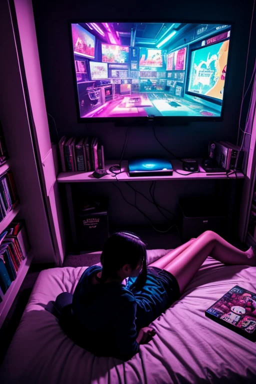A girl plays video games while sitting on the bed in the room, Big TV, room with books, Cyberpunk, inspired by Liam Wong, night, darkroom, Low-fidelity illustration style, Gamers Room, Studying in the room, Cyril tumble and m.Vacaruta, teenm.