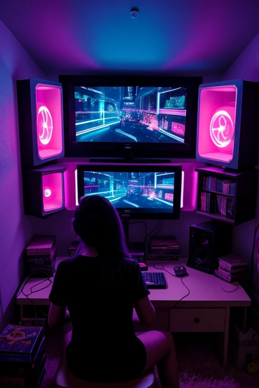 A girl plays video games while sitting on the bed in the room, Big TV, teen room with books, Cyberpunk, inspired by Liam Wong, night, darkroom, Low-fidelity illustration style, Gamers Room, Studying in the room, Cyril tumble and m.Vacaruta, teen room.  