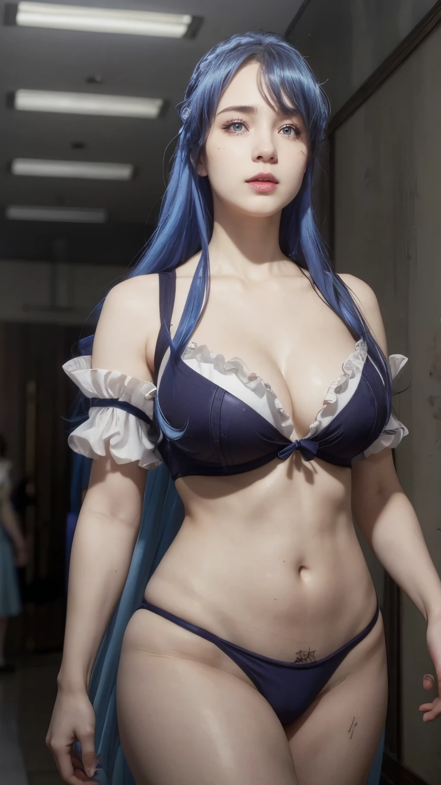 a sexy woman with large breasts, athletic body, thick thighs, wearing a blue bikini, blue hair, walking in a hallway, (best quality,4k,8k,highres,masterpiece:1.2),ultra-detailed,(realistic,photorealistic,photo-realistic:1.37),detailed facial features, detailed eyes, detailed lips, long eyelashes, beautiful woman, graceful pose, dynamic lighting, vibrant colors, cinematic composition