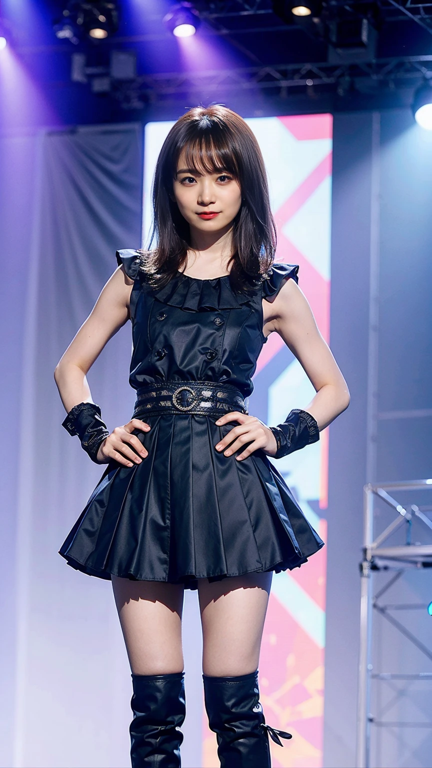 (8k、RAW Photos、Highest quality、masterpiece:1.2)、(Realistic、Realistic)、1 Girl、((Black see-through dresini skirt、Dark Stage、Belly button、Exposed Skin、whole body、boots、View from the front、Looking at the camera、Stand with hands on hips))、cute