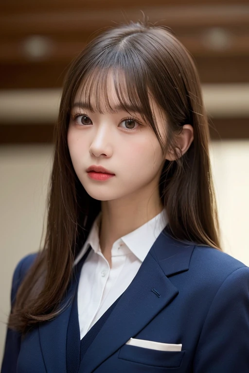 (masterpiece:1.5)、(Realistic:1.5)、(Highest quality:1.4、8k、RAW Photos)、
Ultra-high resolution、Professional Lighting、Perfect dynamic composition、classroom、
Film Grain、chromatic aberration、(Bokeh:1.1)、
Frank、Sophisticated、charm、Surreal、Attention to detail、Golden Ratio、
(1 girl)、Slender girl、Delicate and charming girl、Cute Woman:1.4、
Serious expression、Looking at the audience、Long Hair、
Light brown hair、Shiny Hair、
Realistic looking skin、
Beautiful Eyes、double eyelid、Thin arms、School uniforms、Navy blue blazer、Dress shirt、From the chest up
