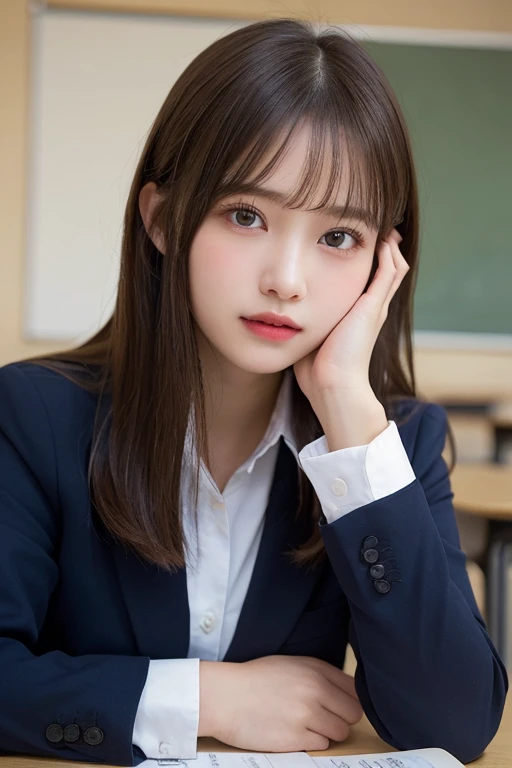 (masterpiece:1.5)、(Realistic:1.5)、(Highest quality:1.4、8k、RAW Photos)、
Ultra-high resolution、Professional Lighting、Perfect dynamic composition、classroom、
Film Grain、chromatic aberration、(Bokeh:1.1)、
Frank、Sophisticated、charm、Surreal、Attention to detail、Golden Ratio、
(1 girl)、Slender girl、Delicate and charming girl、Cute Woman:1.4、
Serious expression、Looking at the audience、Long Hair、
Light brown hair、Shiny Hair、
Realistic looking skin、
Beautiful Eyes、double eyelid、Thin arms、School uniforms、Navy blue blazer、Dress shirt、From the chest up