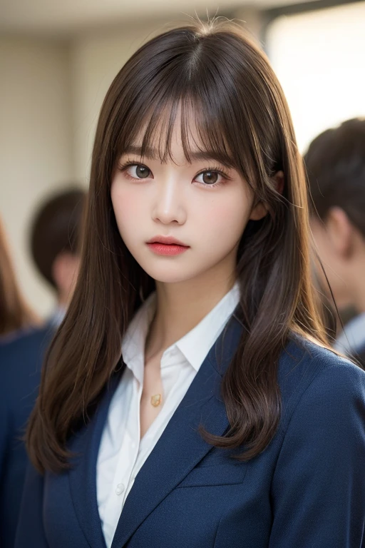 (masterpiece:1.5)、(Realistic:1.5)、(Highest quality:1.4、8k、RAW Photos）、
Ultra-high resolution、Professional Lighting、Perfect dynamic composition、classroom、
Film Grain、chromatic aberration、(Bokeh:1.1)、
Frank、Sophisticated、charm、Surreal、Attention to detail、Golden Ratio、
(1 girl)、Slender girl、Delicate and charming girl、Cute Woman:1.4、
Serious expression、Looking at the audience、Long Hair、
Light brown hair、Shiny Hair、
Realistic looking skin、
Beautiful Eyes、double eyelid、Thin arms、School uniforms、Navy blue blazer、Dress shirt、From the chest up