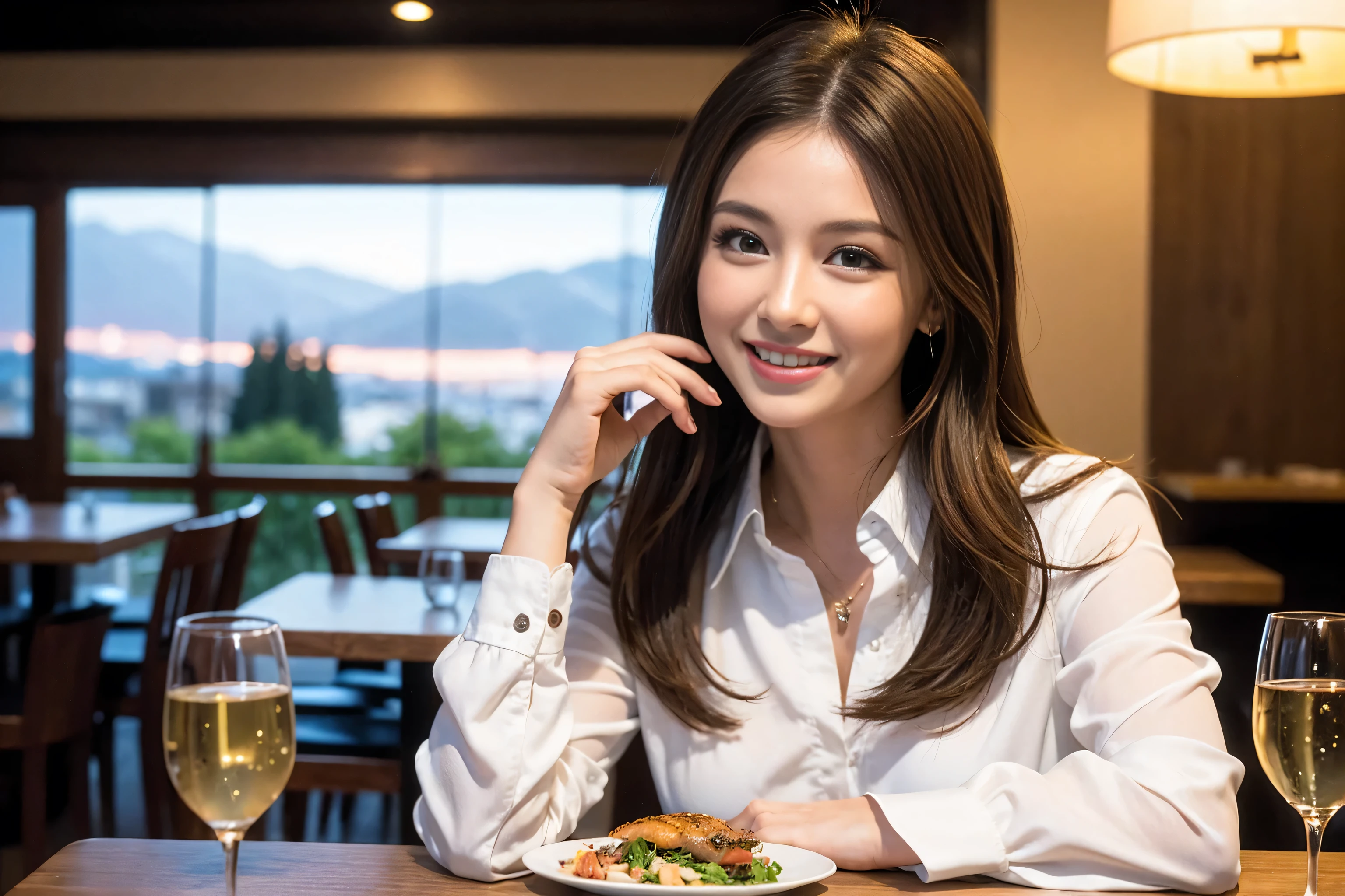 ((Highest quality、8k、masterpiece:1.3))、cute、Slim couple、Model Couple、Actress、(Realistic, Intricate details:1.2), full-course dinner、Wine Party、Amazing view of the sunset sky and clouds、A bright smile、short hair,Bright Face、 (45 years old), 48 years old, red wine 、Appetizers、Italian food、Wine bottle、Champagne、sparkling wine、Two beauties、Brown Hair、Shortcuts、Long sleeve shirt、dress、Beautiful woman 1, (Slim face), (The body is slim), (Brown Hair), (Shortcuts), cheeks turn a little red,Attractive beauty、restaurant, In a prominent place (From the waist up) Nova Frog Style, actress, model, Upper Body, White wine, slim, wine glass, A wine glass placed in the center, smile, (smile: 1.15), Beautiful fine grain, Depth f/2,saturation, High Contrast, Strong light and shadow,Moist Body:1.5、3D texture、Delicate eyes、Brown Hair、The hair is very shiny、