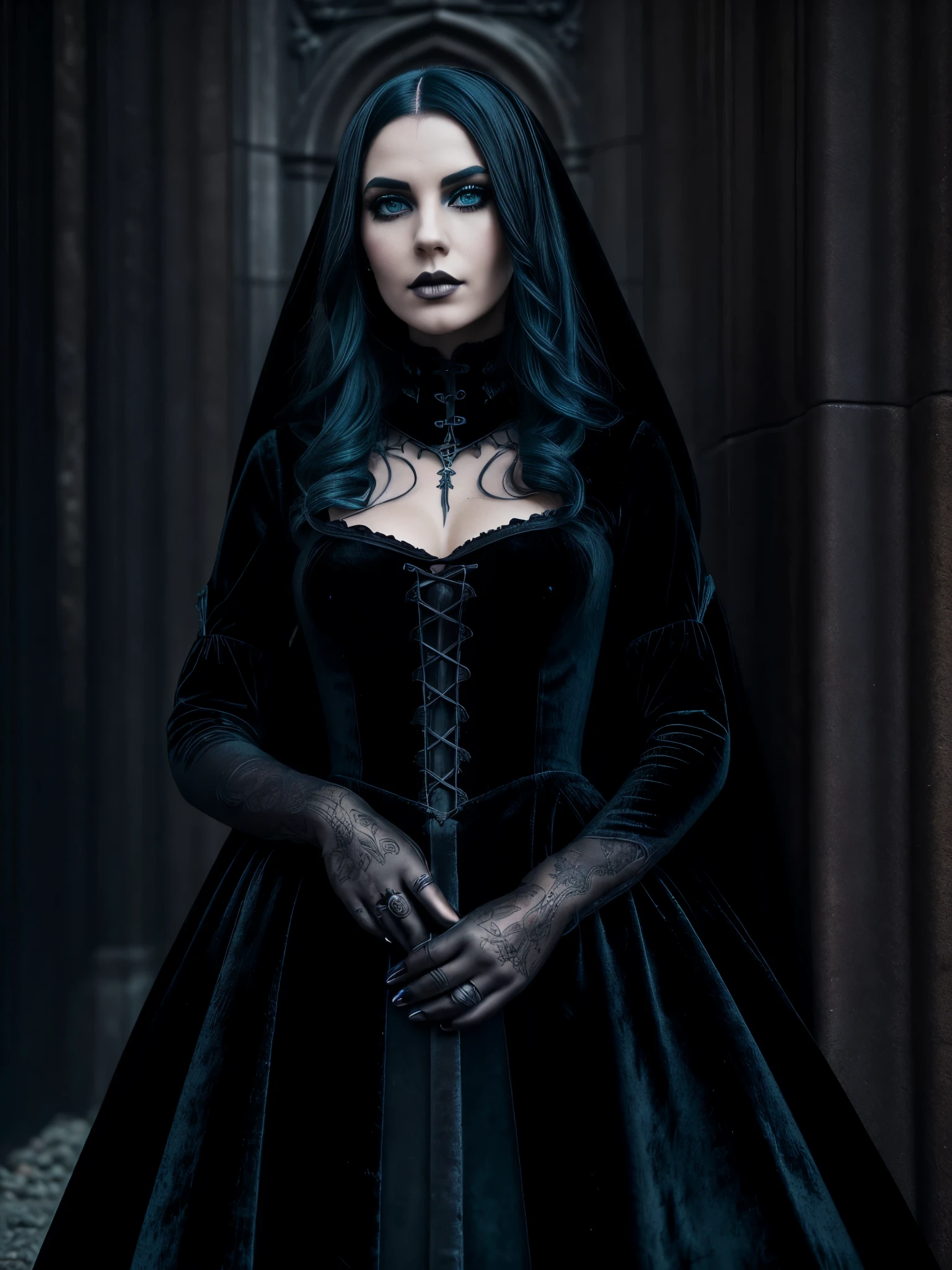 (best qualityer, high resolution, ultra detali, realisitic:1.37), very very beautiful woman, (greeneyes), (long wavy black and blue hair), (dark make-up), 23 year old, tall and slender, height 170 cm, body measurements 90-60-90, ethereal beauty, intense gaze, confident stance, soft natural lighting, swirly vibrant colors, Whimsical Atmosphere, alternative dress, vestido Gothic, metallic dress, black motorcycle boots, all black dress ((chast long velvet renaissance dress)), (epic photorealisitic), araf woman in black, an image inspired by Kati Horna, tumblr, Gothic art, Gothic!!, estilo Gothic, Gothic outfit, Goth girl, gothic vibe, Gothic style, Gothic, Gothic horror vibes, Gothic wearing, Gothic chique, Gothic fashion, gothic aesthetic, Gothic girl, Gothic aesthetic, dark and Gothic, Father Lachaise Cemetery, lying in a tomb
