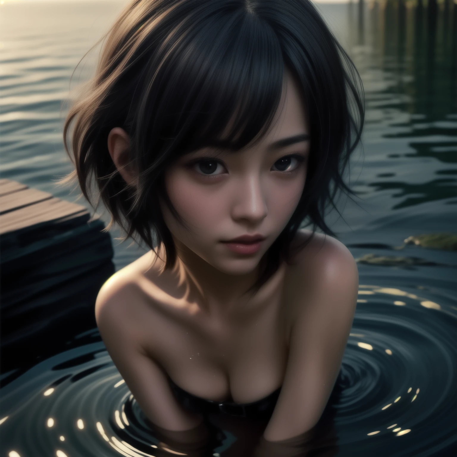 Beautiful Young Female ,Short hair ,Lake, extremely delicate and beautiful,Outstanding light and shadow, highly detailed wallpaper,Clear and bright sunlight, Professional portrait, Semi-nude photography, close up portrait of bathing in a lake, reeds, (backlighting) Sparkling water surface, Soaked in water, Wearing (beltbra), Upper breasts, lens flare, Shade, bloom, [chromatic aberration], by Jeremy Lipking, digital painting, (((Misako Renbutsu))) 8K TopQuality Masterpiece