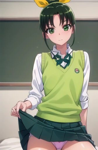 naomidorikawa, Nao Midorikawa, short hair, (Green Eyes:1.3), ponytail, Green Hair, ribbon, hair ribbon, smile,
break skirt, , tie, Rolled up my sleeves, Sweater vest, green tie, nanairogaoka middle ,Thighs、Bed、blush、(((Panty shot、Skirt lifted、Cute white panties)))、Sit on the sofa、
break indoors,classroom,
break looking at viewer, Dynamic pose,
break (masterpiece:1.2), Highest quality, High resolution, unity 8k wallpaper, (figure:0.8), (Beautiful attention to detail:1.6), Highly detailed face, Perfect lighting, Highly detailed CG, (Perfect hands, Perfect Anatomy),