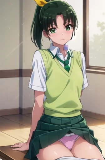 naomidorikawa, Nao Midorikawa, short hair, (Green Eyes:1.3), ponytail, Green Hair, ribbon, hair ribbon, smile,
break skirt, , tie, Rolled up my sleeves, Sweater vest, green tie, nanairogaoka middle ,Thighs、Bed、blush、(((Panty shot、Skirt lifted、Cute white panties)))、Sit on the sofa、
break indoors,classroom,
break looking at viewer, Dynamic pose,
break (masterpiece:1.2), Highest quality, High resolution, unity 8k wallpaper, (figure:0.8), (Beautiful attention to detail:1.6), Highly detailed face, Perfect lighting, Highly detailed CG, (Perfect hands, Perfect Anatomy),