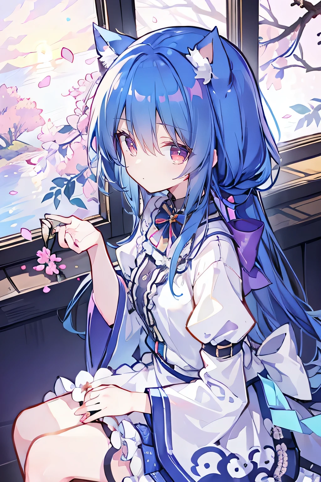 (masterpiece:1.2),Super detailed,lifelike,Expressive eyes,fair skin,perfect face shape,1 girl,
Japanese comics,Gorgeous blue hair,flowing blue hair,flowing clothes,Cat ears,Petals fall,beautiful lola,Baby Angel,
Shaking head with one hand,Cross your legs,,The pavilion is cool and comfortable,smile,back views,sunrise,Petals fall,sunrise,sitting on window sill drinking coffee and looking out the window。