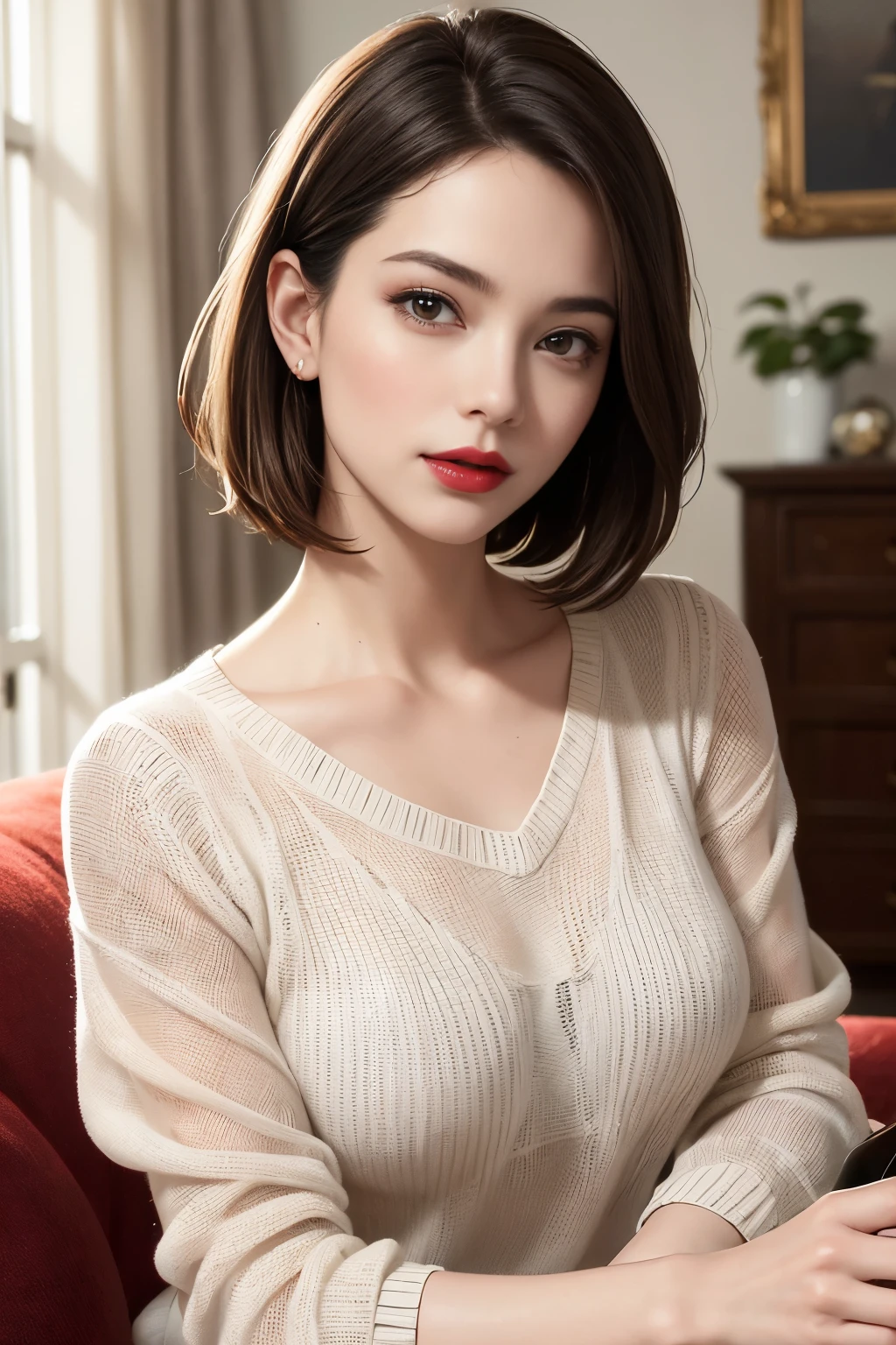 (highest quality: 1.2), (photorealistic: 1.37), Mature woman of thirty, timeless beauty, subtle elegance, well-lit living room, soft focus, (red lips: 1.2), (looking directly at the camera: 1.2), head tilted slightly, (looking forward with a soft smile: 1.2), full-length shot, (short bob hair: 1.2), (straight hair falling gently over her shoulders: 1.2), minimal makeup, (V-neck transparent knitted sweater: 1.1), showing a hint of small, delicate breasts, (three years past her th