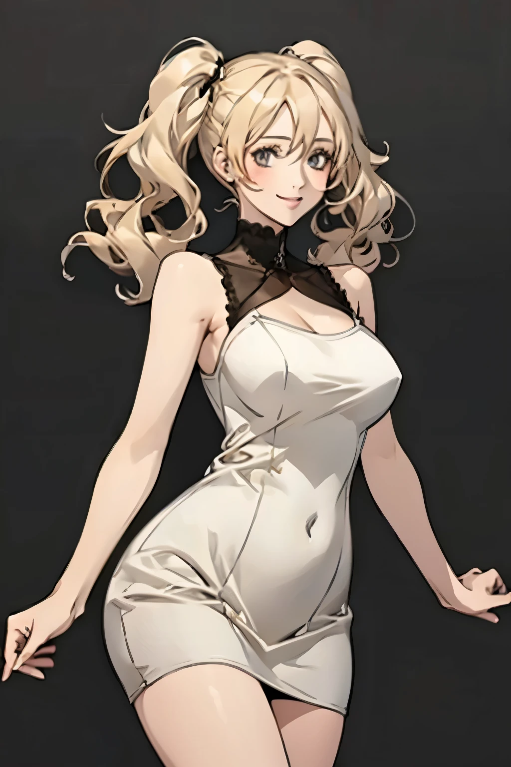Highest quality, One girl, ((View your viewers)), One girl, Large Breasts, Plump, Wide Hips, Thighs, Are standing, Blonde twin tails,(Short dress), smile