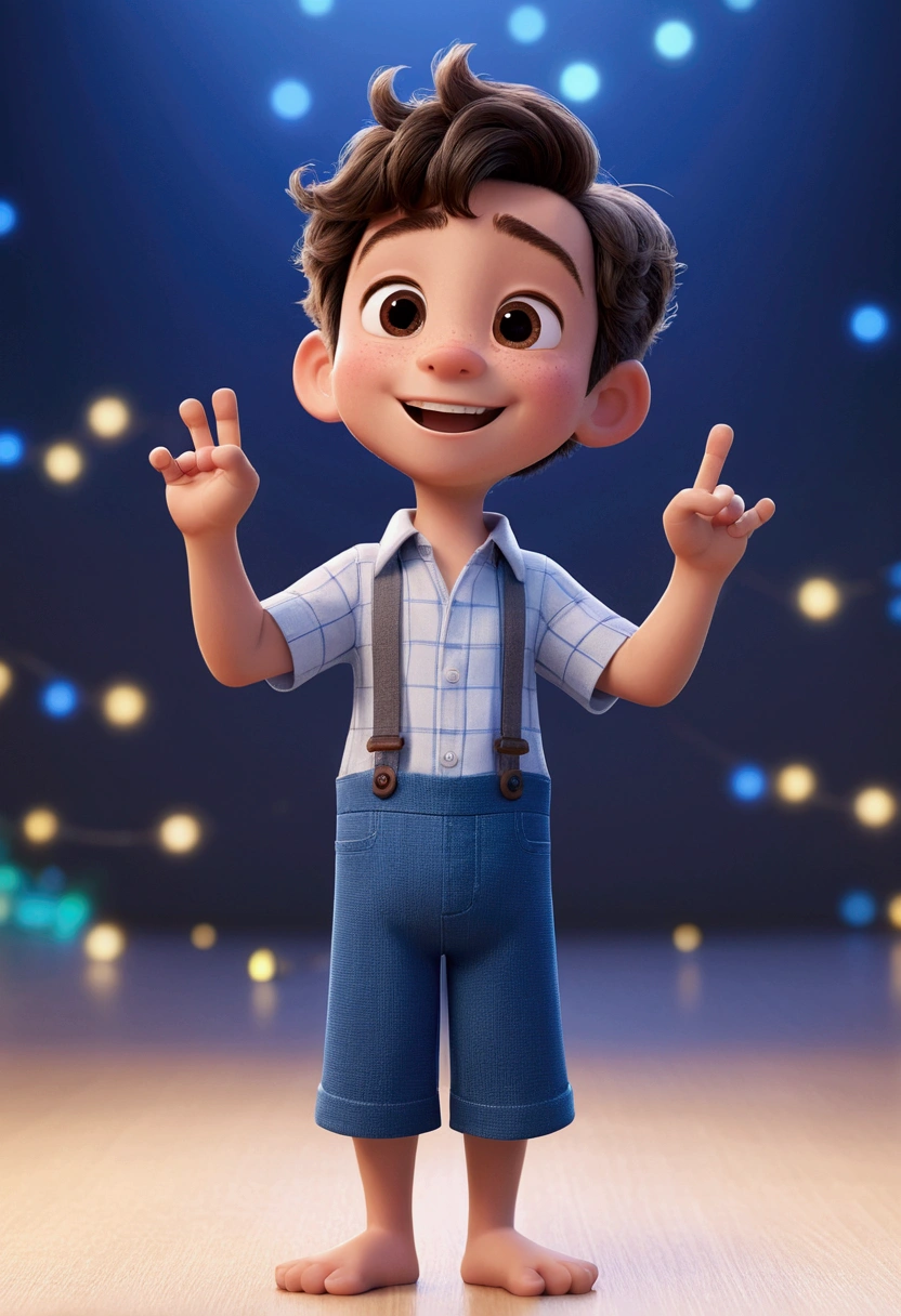 boy, Disney style, fully body, 2legs, two arms, and a head, skin tone: clearing: body hair: dark brown, smooth ass, 小柄, right side hairstyle. chemise: social, blue color. fund: Gray and white gradient,Celebrating, Hands raised, Grinning, glad, (Pixar-style) (Masterpiece artwork:1.2) (bokeh) (best qualityer) (skin detailed) (detailed texture) (8k) (Argilla) (cinematic lighting) (sharp focus