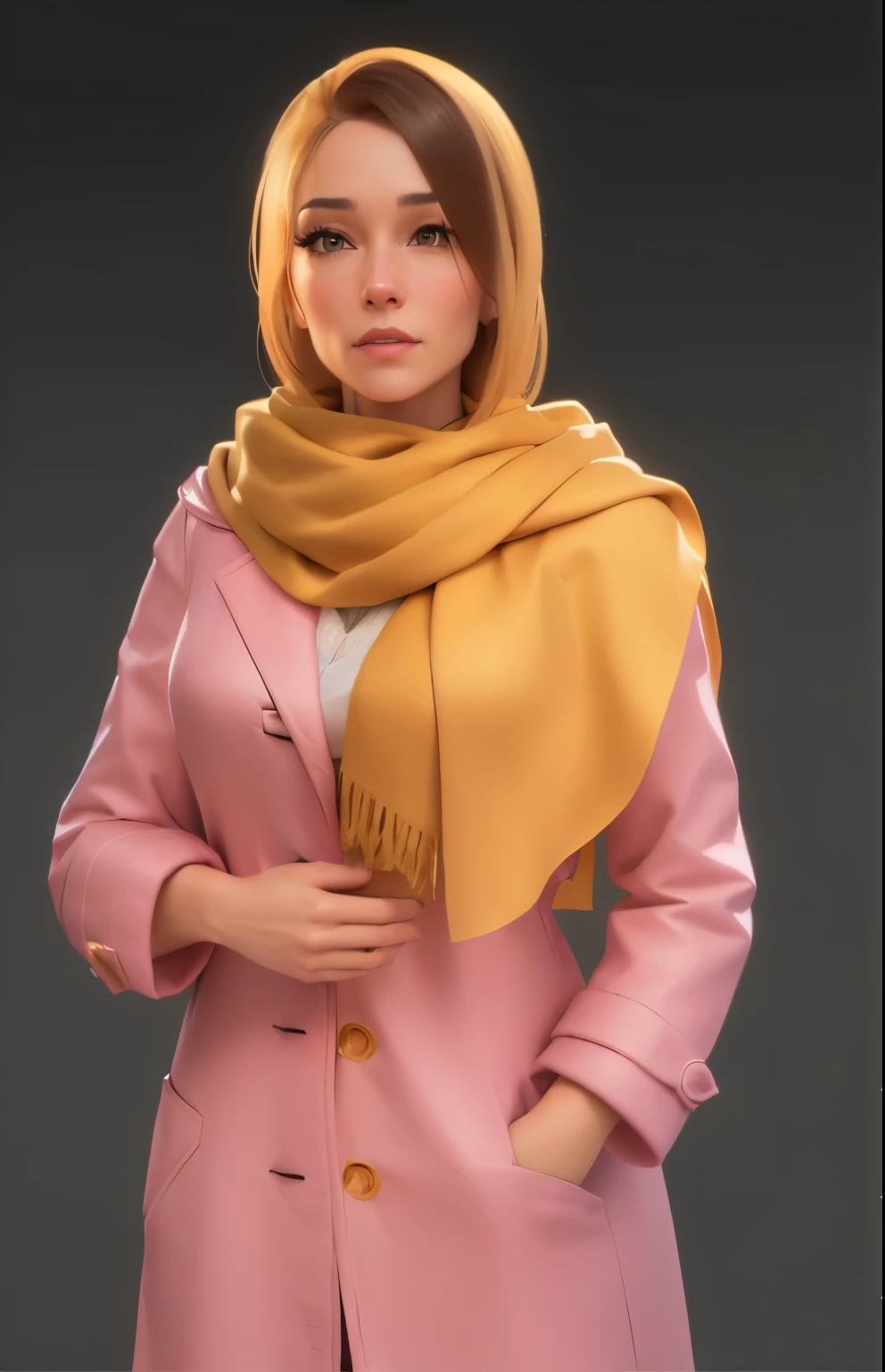 a close up of a woman in a pink coat and yellow scarf, female lead character, realistic character concept, 3d character realistic, for hire 3d artist, full body character portrait, character full body portrait, female character, detailed character portrait, 3 d render character art 8 k, 8k portrait render, 3 d character render, unrealistic character concept disney pixar style 