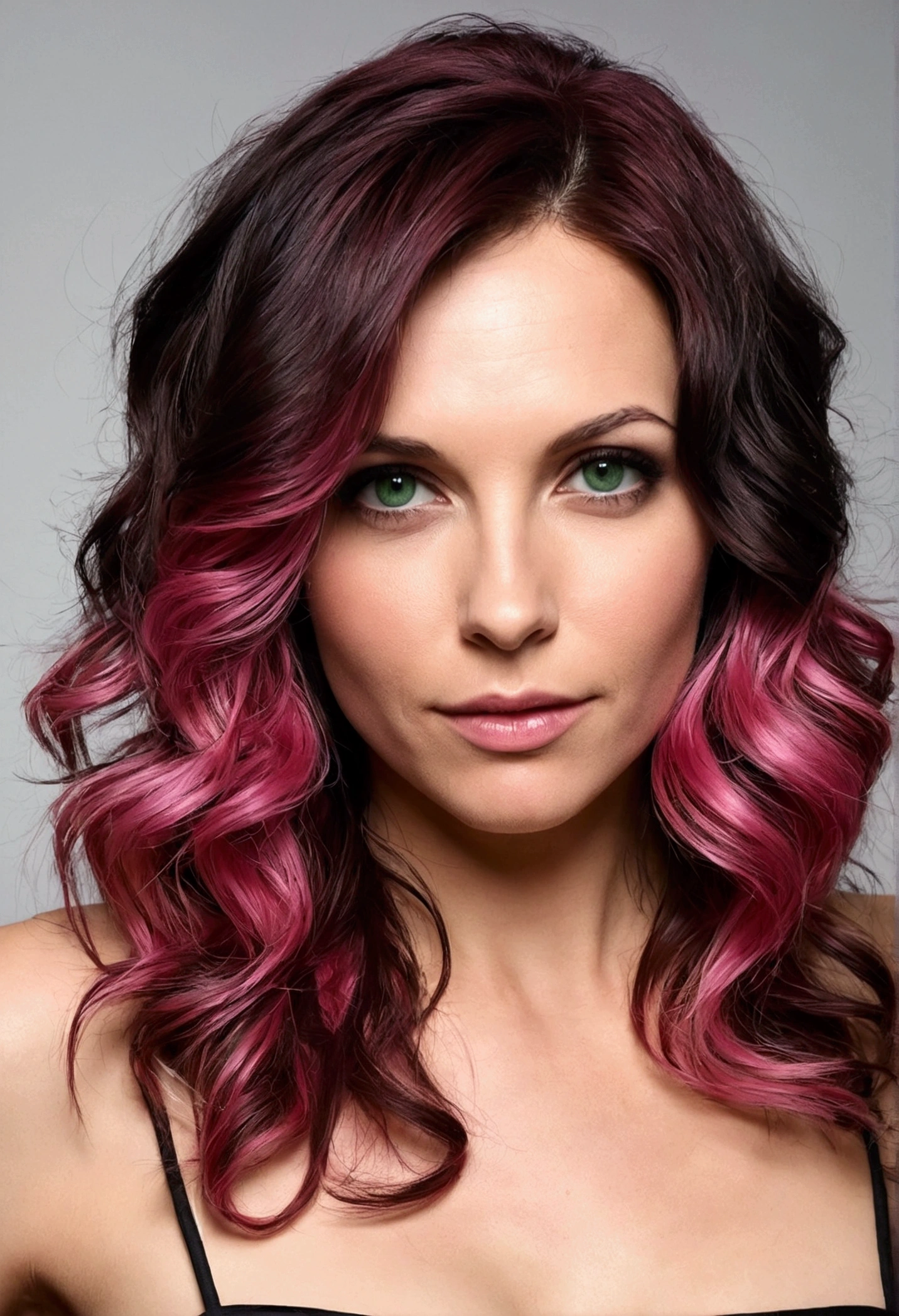 sexy 36-year-old brunette, dark pink-dyed hair tips, mid long wavy haircut. dark green eyes. Best quality, photorealistic