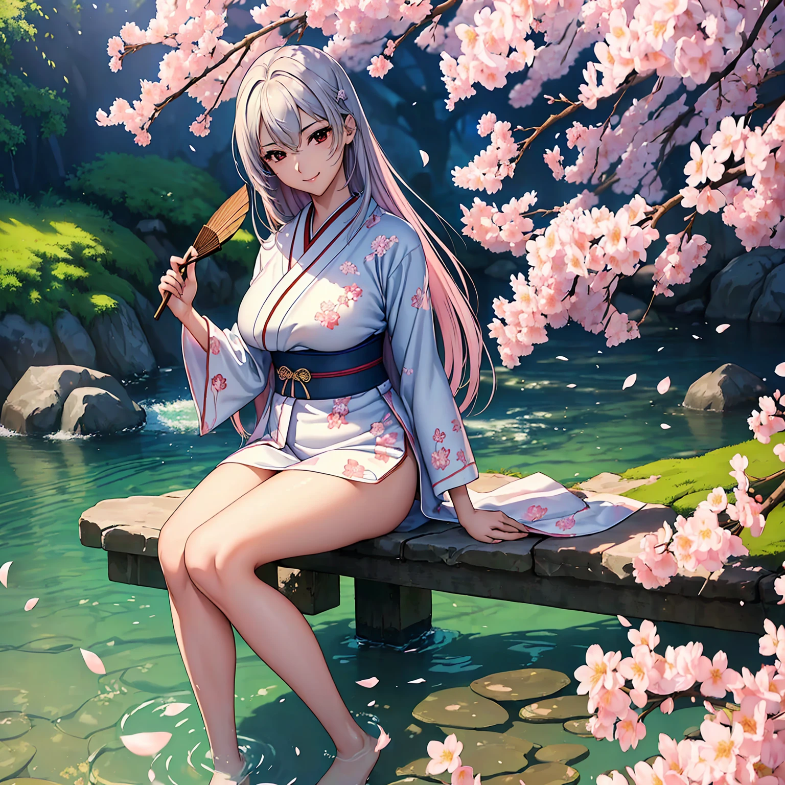 (((Highest quality、masterpiece、Very high resolution、Highly detailed images,2.5th Dimension))),Beauty Painting,(A woman of perfect and ultimate beauty:18-year-old, Beautiful body:Slender and beautiful breasts、Beautiful Face:smile、Beautiful Hair:Colored)、(Best skin and hair texture)、((Beautiful Japanese Kimono:Floral,Holding a folding fan)),、Beautiful waterfront:Cherry blossoms and waterfall,Natural light,Beautiful views,Beautiful colors,(Beautiful posture:1.5)、Model pose、Sculpture Pose、Photo engraving、photo shoot、Overall image、Accurate Images、Accurate anatomy、Perfect Image,Beautiful images,(Best Shot,RAW Photos:1.2)