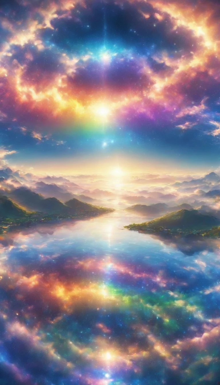 rainbow色の傘、Angel Umbrella, Detailed landscape, sunrise, rainbow, Rainy Town, horizon, In the sky, cloud、rainbow色のcloud , Lens flare, colorful, An atmosphere full of dreams and hope，masterpiece．16K, Ultra-high resolution, to be born,wonderful ,future、rainbow色の、The world 30 years from now。