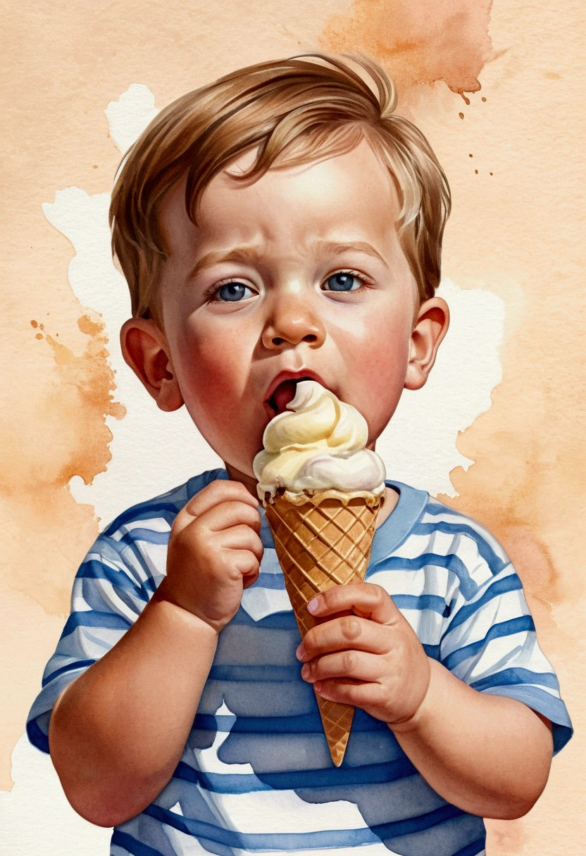 realistic, detailed illustration, 1 boy, toddler, two-year-old, eating ice cream cone, joyful expression, eyes closed, soft warm colors, fine details, simple background, hand-painted style, digital art touch,Watercolor