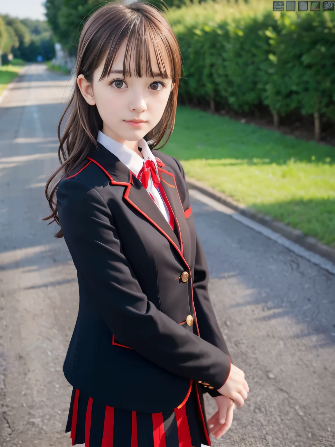 (Close up face shot of one girl has slender small breasts and red brown long wavy hair with dull bangs in a black blazer with a red rimmed collar and a black skirt:1.5)、(The girl has brown eyes and walking on the rural street in Japan with a small smile:1.5)、(Black blazer and a skirt with a red edging collar:1.5)、(Perfect Anatomy:1.3)、(complete hands:1.3)、(complete fingers:1.3)、Photorealsitic、Raw photography、masutepiece、top-quality、hight resolution、delicate and pretty、face perfect、Beautiful detailed eyes、Fair skin、Real Human Skin、((thin legs))