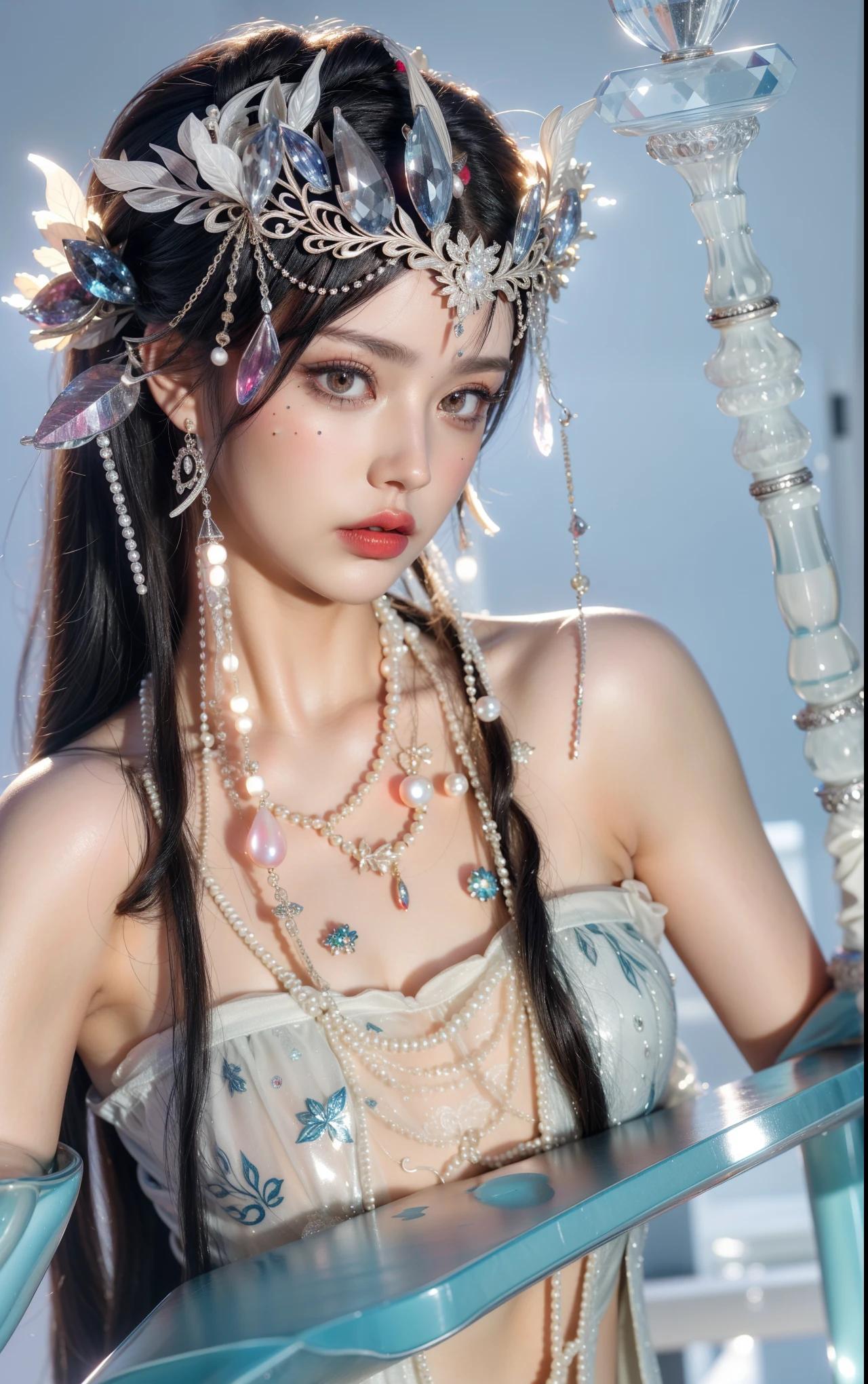 Royal princess,Extremely detailed, Delicate face, Stock Photography , Portrait 400, F1 Camera Lens.6, rich and colorful, Surrealism, Realistic textures, Dramatic Lighting, Thin Film Distiller 800 (8K, original photo, Better quality, masterpiece: 1.2), Extremely detailed, (Extremely delicate skin: 1.2), 8K ultra high definition, SLR camera, Soft Light, high quality.Fire Queen,Blue pupils,Wear red lipstick,Have a tattoo,The tattoo is very three-dimensional,Gorgeous and intricate tattoo designs,Dark eyeshadow,Sexy thick lips(Red lipstick),Gorgeous pearl and gemstone decoration,Ice Crystal Staff