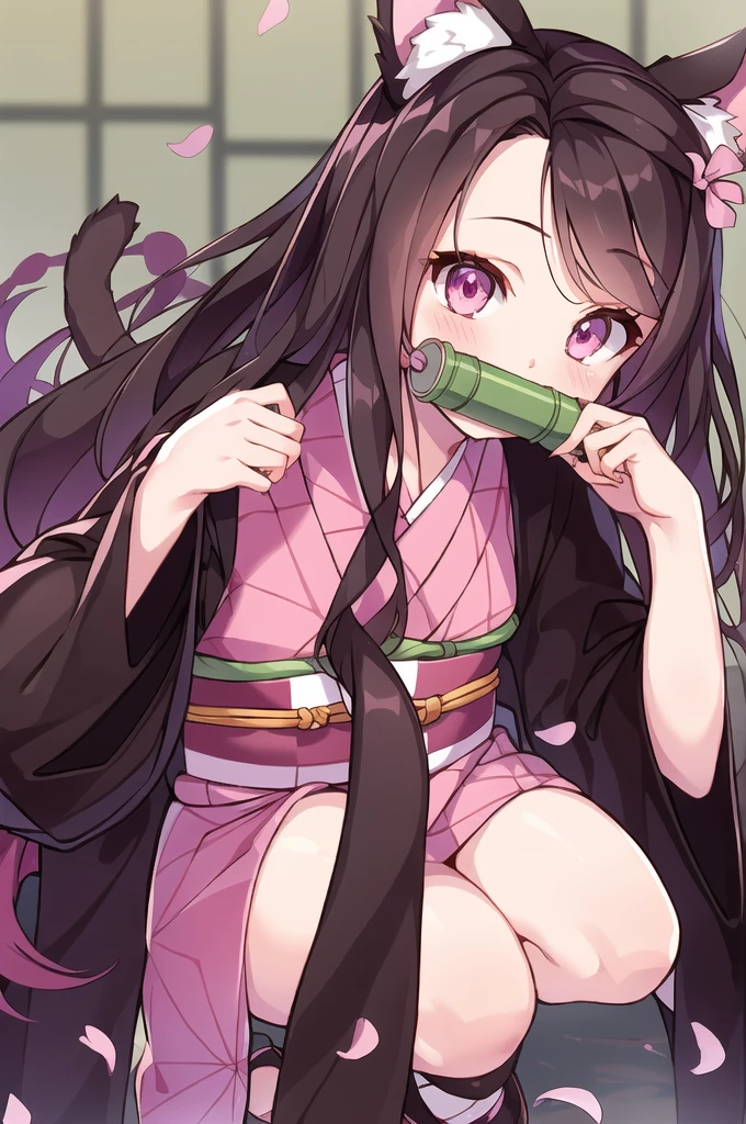 One girl, Animal earsの毛, Animal ears, bamboo, bit gag, blush, Brown Hair, Cat ear, Checkerboard, Checkerboard heart, nailのポーズ, nail, amount, gag, gagged, hair ribbon, kimono, kamado nezuko, kimono, Long Hair, View your viewers, Hold your mouth, Multicolored Hair, heart, petal, Pink Eyes, pink kimono, pink ribbon, ribbon, sash, sharp nail, alone, very Long Hair, Wide sleeves