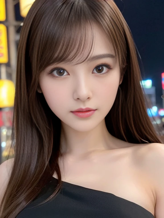 masterpiece、Beautiful girl、Detailed eyes、True Face、Highest quality, 超High resolution, (reality: 1.4), Cinema Lighting、Japanese、Asian Beauty、Korean、so beautiful、Glowing Beautiful Skin、thin、Body facing forward、(Ultra-realistic)、(High resolution)、(8k)、(Very detailed)、(美しくDetailed eyes)、(Very detailedな)、 (wallpaper)、Detailed face、The lighting is bright、Professional Lighting、View the viewer、Look straight ahead、The costume is a black dress...、46 point diagonal bangs、Night view、Brown Hair、Japanese Idols、Sexy look、Korean Idol、Idol Sculpture、actress、19 years old、expensive、(Dynamic pose, Dynamic Angle:1.3), Random Pause, Random Angle,