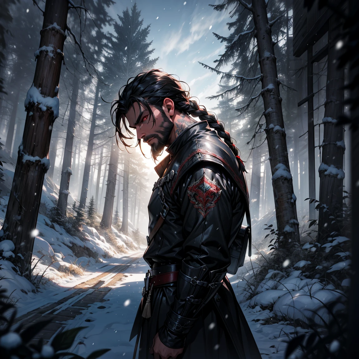 (High Detail:1.2) Anime man, (Best quality, Detailed), Top quality, high resolution, perfect human structure, ((36 years old)), 1man, (solo), black hair, long braids hair, black beard, (red eyes), serious, gravelly:1.3, dark:1.2, fair skin, muscular, medieval outfit, beautiful, small breasts, intense look, dynamic pose, snow forest behind, face view, (8k, vibrant colors, digital art, concept art)