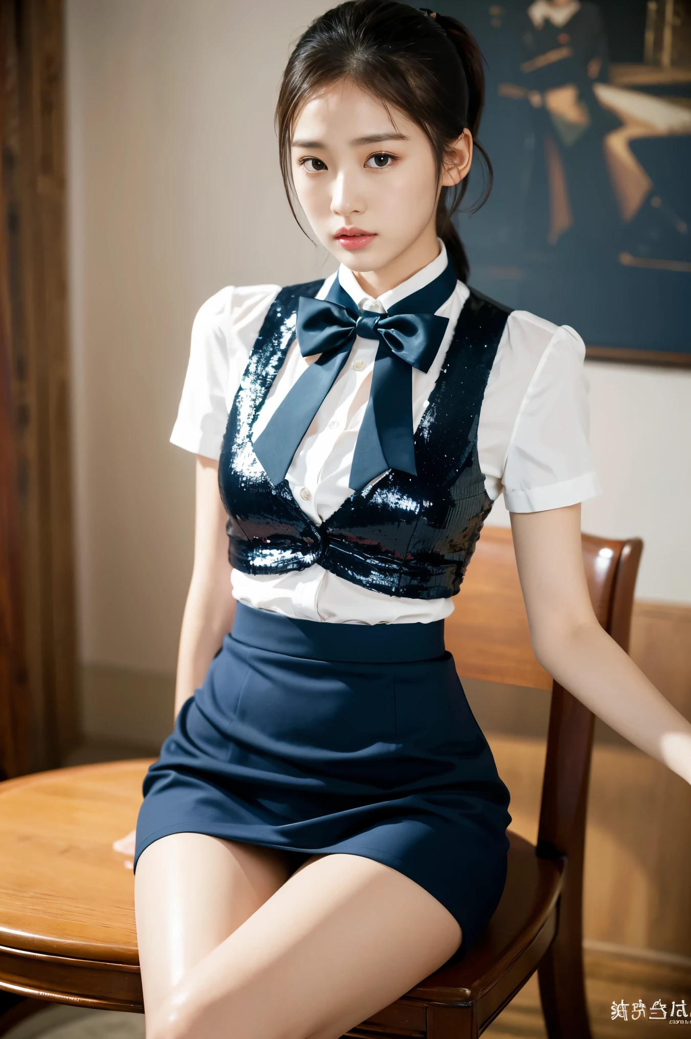 (8K), (highest quality: 1.2), (realistic), (realistic: 1.37), ultra high resolution, 1 girl, cute, serious face, closed mouth, beautiful details, beautiful nose, whole body, wet hair,Ponytail giant Dulcefo, pork, thighs,Burberry check skirt,dark blue sequin halter vest,A bow tie,Greige,avert your eyes,casino,please sit on the chair,Raise your arms and show your sides,close leg,