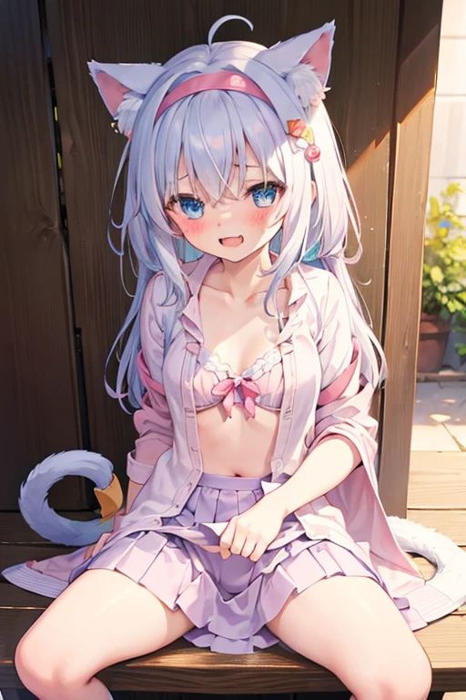 anklet,hairband,fang,yukata,cleavage,orgasm,fucked silly,detail fingers,skirt_lift,unbuttoned clothes,soaked,masterpiece, best quality, kawaii, ahoge, beautiful detailed eyes, aqua eyes, eyeball, cat_ears, medium breasts, bare legs, no legwear, wristband, loli, light blush, student, excited, seductive smile, nose blush , open mouth, sitting, spread legs, blush, shy, embarrassed , tail
