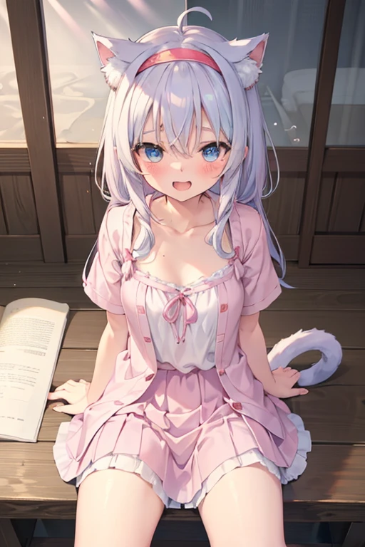 anklet,hairband,fang,yukata,cleavage,orgasm,fucked silly,detail fingers,skirt_lift,unbuttoned clothes,soaked,masterpiece, best quality, kawaii, ahoge, beautiful detailed eyes, aqua eyes, eyeball, cat_ears, medium breasts, bare legs, no legwear, wristband, loli, light blush, student, excited, seductive smile, nose blush , open mouth, sitting, spread legs, blush, shy, embarrassed , tail