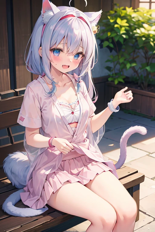 anklet,hairband,fang,yukata,cleavage,orgasm,fucked silly,detail fingers,skirt_lift,unbuttoned clothes,soaked,masterpiece, best quality, kawaii, ahoge, beautiful detailed eyes, aqua eyes, eyeball, cat_ears, medium breasts, bare legs, no legwear, wristband, , light blush, student, excited, seductive smile, nose blush , open mouth, sitting, spread legs, blush, shy, embarrassed , tail