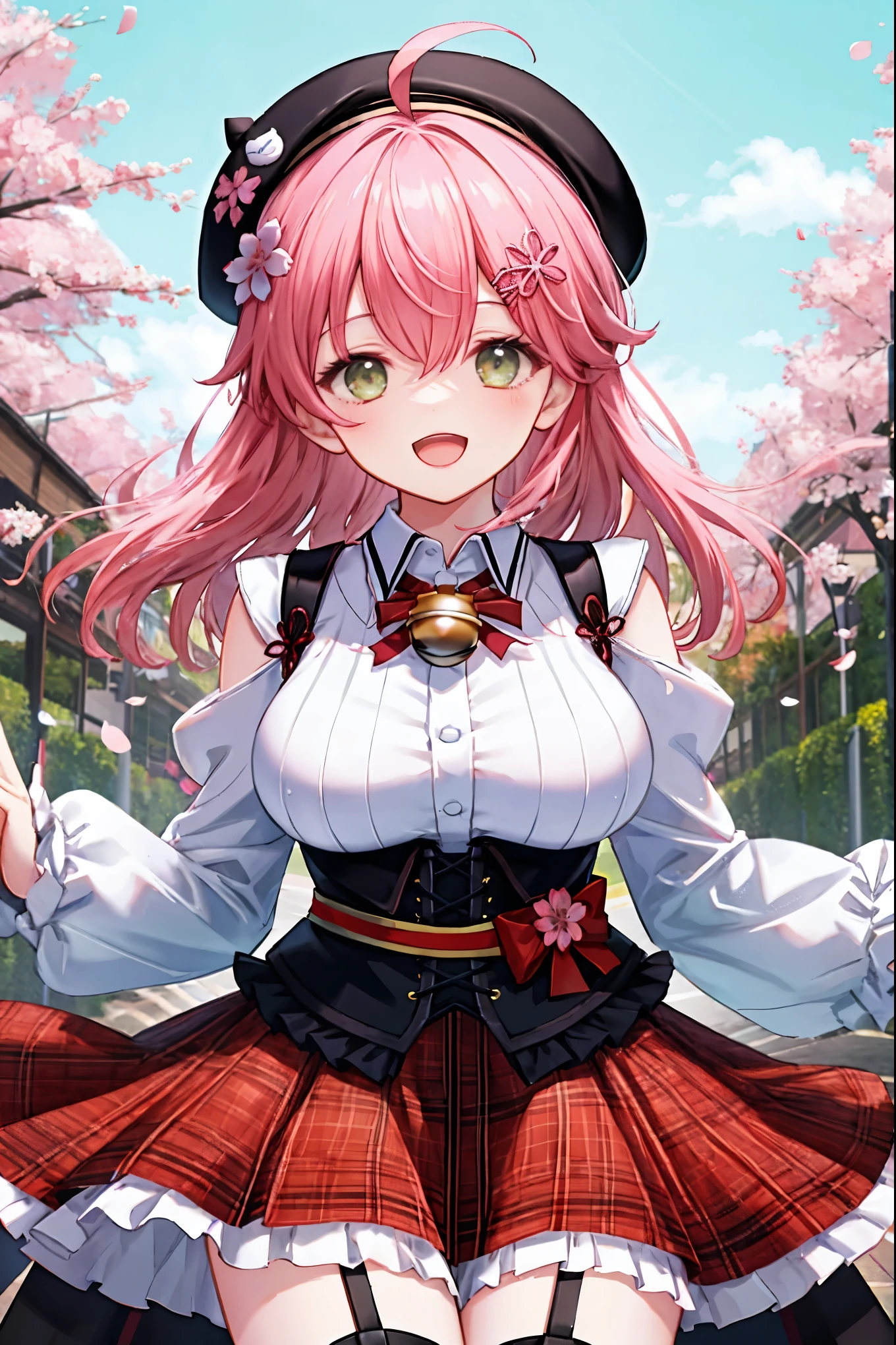 masutepiece, Best_Quality, hight_resolution, miko2,Ponytail, 1girl, Ahoge, black headwear, Hair Ornament, White shirt, black thighhighs, Pink hair, Red_skirt, very_short_skirt, plaid skirts, garter_strap, Collared shirt, hair clips, frilld, Bangs, hair between eye, frills skirt, beret, Pleated skirt, Hair Flower, Neck bell, , puffy long sleeves, Black bow, Underbust, Smile, (large_breasts:1.3),covered_nipples, green_eyes, happy, dynamic_angle,spread_legs,(big_smile:1.2),plump,open_mouth,shout,half_eyes,cherryblossom_park_landscape_background,