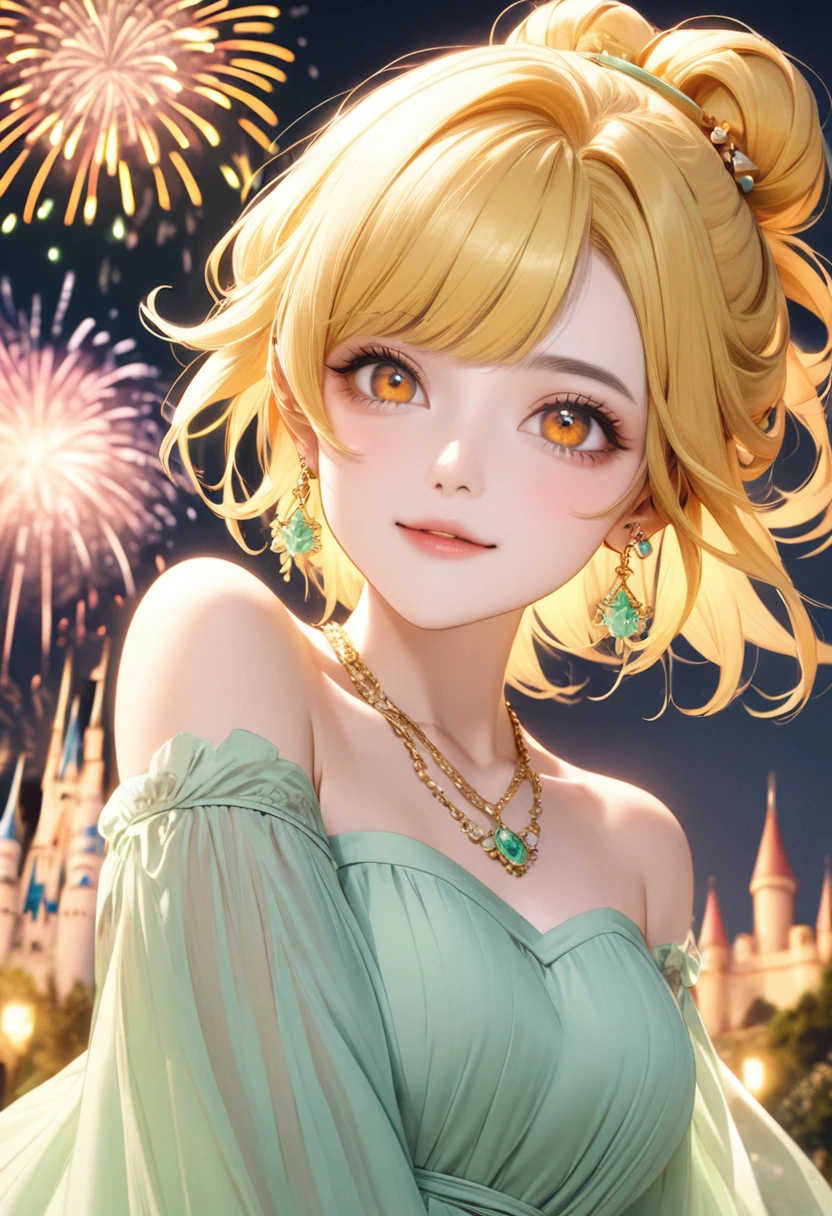 1 female　Short yellow hair tied back　Yellow eyebrows　Orange eyes　society　Pastel green long dress　Castle and fireworks　Hair clip　Earrings and matching necklace