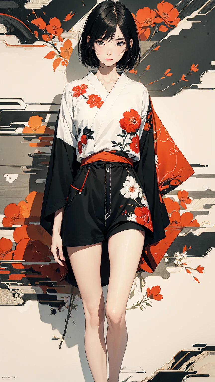 (masterpiece, High resolution, Highest quality), 20-year-old woman, Asymmetrical short hair, Standing at an angle with hands in pockets:1.3, Coordination of Japanese patterned haori and micro mini shorts:1.2, Petal Collage, abstract design, artistic juxtapositions, And handle background, warm color, mixed-media approach, Anime Style, Simple lines, Digital Painting, 