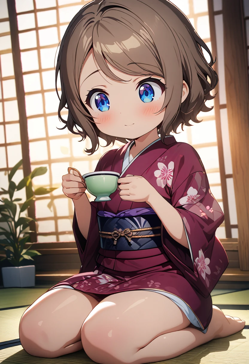 a girl, seiza, looking ahead, big eyes, chibi, kimono, bigger face, cute, anime, cell anime, 2d anime, chibi, chibi anime, soft surface, soft lighting, masterpiece, best quality, hyper detailed, exquisite, beautiful, Full-HD, 8K, absurdres, tatami, japanese-style room, warm face, hold a teacup with both hands, green tea, ,you watanabe, blue eyes, brown hair, short hair, swept bangs,