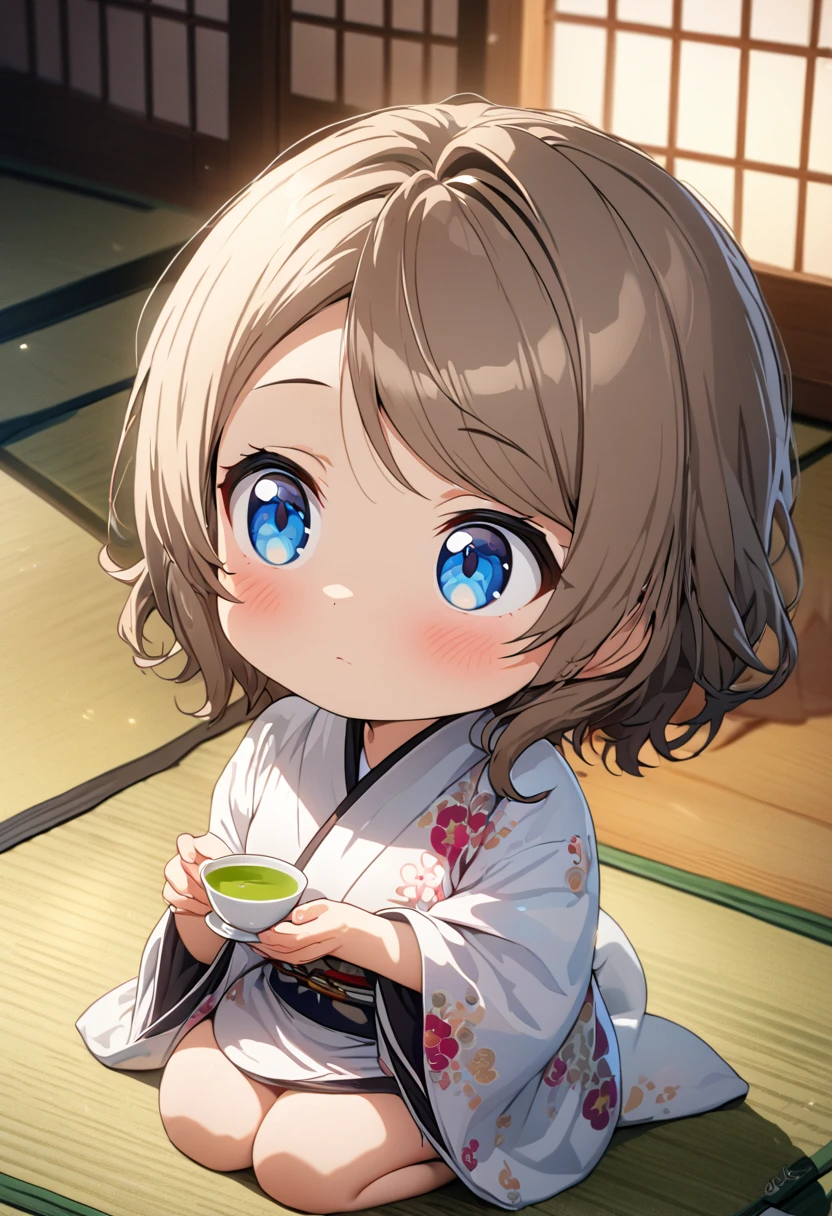 a girl, seiza, looking ahead, big eyes, chibi, kimono, bigger face, cute, anime, cell anime, 2d anime, chibi, chibi anime, soft surface, soft lighting, masterpiece, best quality, hyper detailed, exquisite, beautiful, Full-HD, 8K, absurdres, tatami, japanese-style room, warm face, hold a teacup with both hands, green tea, ,you watanabe, blue eyes, brown hair, short hair, swept bangs,