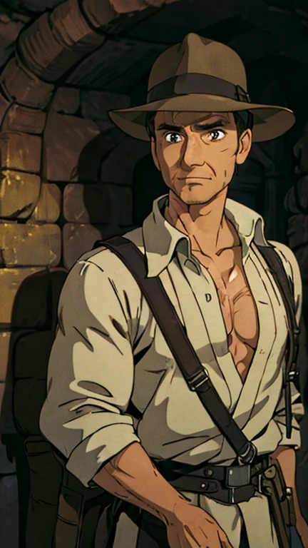 (a man as Indiana Jones), (extremely detailed CG unit 8k wallpaper),(master part), (best quality), (ultra detail), (best illustration),(ghibli style), cowboy shot,(Sharp eyeliner, ombre, detailed eyes:1),Dark Medieval Dungeon interiors background,break,(reelunsettling),upper body,short hair,black hair