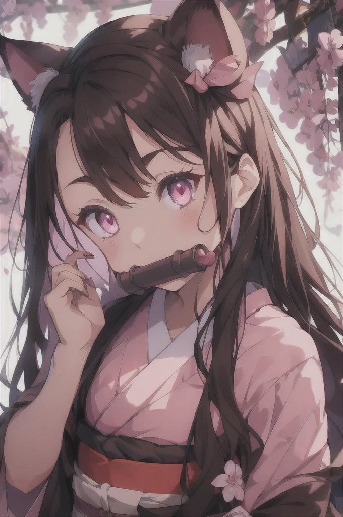 One girl, Animal earsの毛, Animal ears, bamboo, bit gag, blush, Brown Hair, Cat ear, Checkerboard, Checkerboard heart, nailのポーズ, nail, amount, gag, gagged, hair ribbon, kimono, kamado nezuko, kimono, Long Hair, View your viewers, Hold your mouth, Multicolored Hair, heart, petal, Pink Eyes, pink kimono, pink ribbon, ribbon, sash, sharp nail, alone, very Long Hair, Wide sleeves