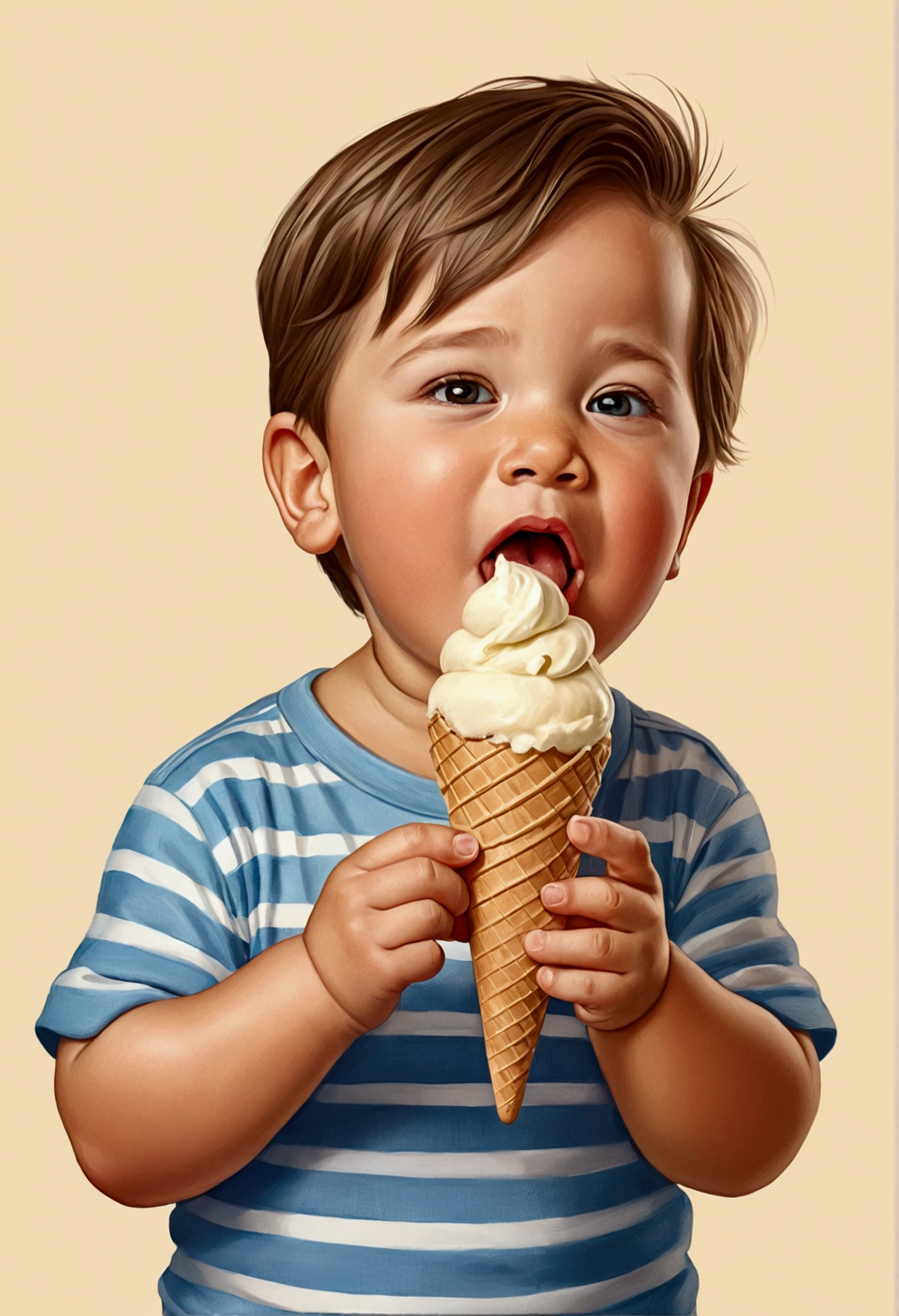 realistic, detailed illustration, 1 boy, toddler, two-year-old, eating ice cream cone, joyful expression, eyes closed, soft warm colors, fine details, simple background, hand-painted style, digital art touch,illustration