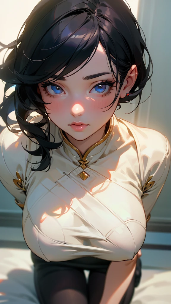 a detailed anime girl, 1girl, solo, tights, sexy outfit, short black hair, white background, sexy slim dress, big breast, halfbody, looking at viewer, (best quality,4k,8k,highres,masterpiece:1.2),ultra-detailed,(realistic,photorealistic,photo-realistic:1.37),highly detailed face, beautiful detailed eyes, beautiful detailed lips, extremely detailed eyes and face, long eyelashes, intricate details, delicate facial features, elegant pose, dynamic lighting, vivid colors, soft shadows, seamless textures, cinematic composition