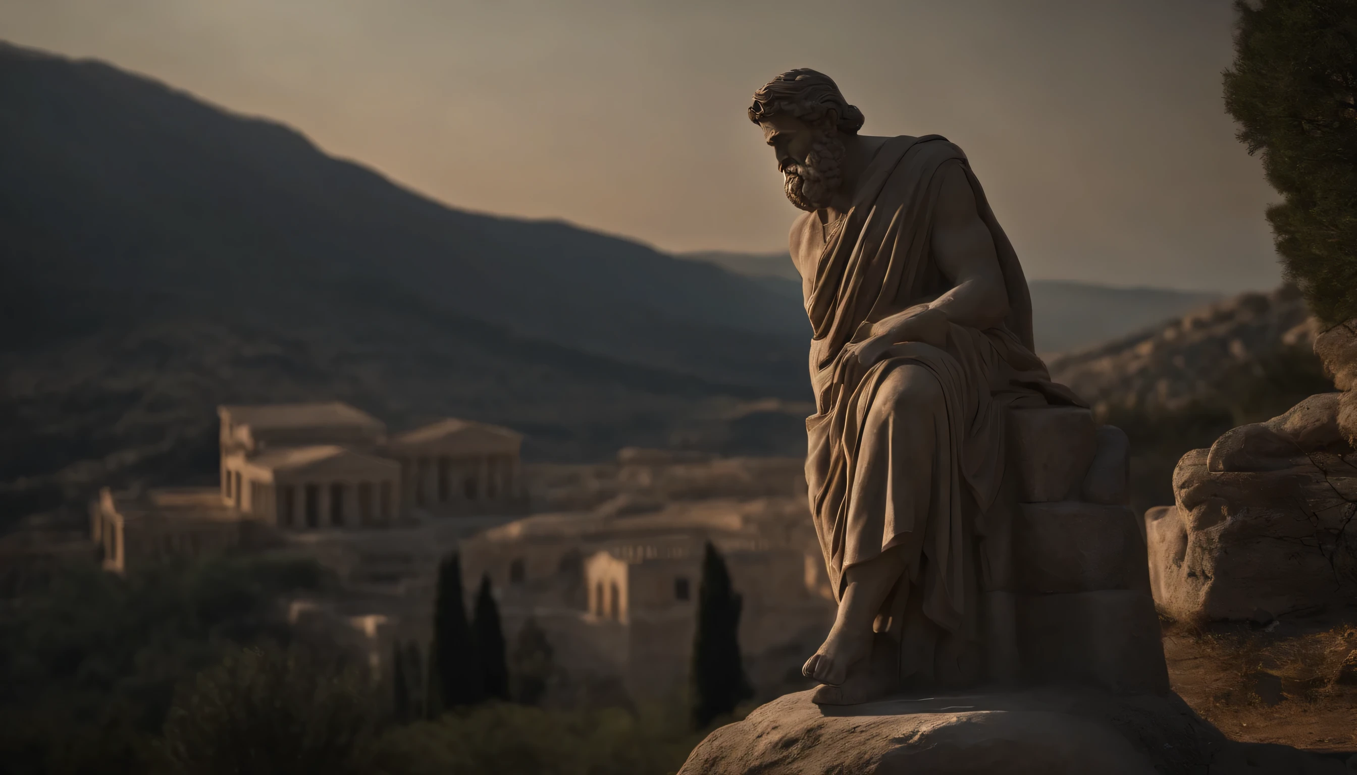 "um forte, bearded greek statue of a sad philosopher, in poor lighting, em um ambiente escuro, on a hill with a Greek town in the lower valley, 8K resolution, [detailed sculpture], [dark atmospher], [mysterious ambiance], [authentic Greek architecture], [subtle shadows], [soft shades], [impressive scale], [Ancient Ruins], [Serene mood], [ethereal beauty], [work of art:1.2], [ultra detali], [photorrealistic:1.37], HDR, ultra HD, [bright coloured], [grandeur], [Sense of history], [quiet contemplation]."