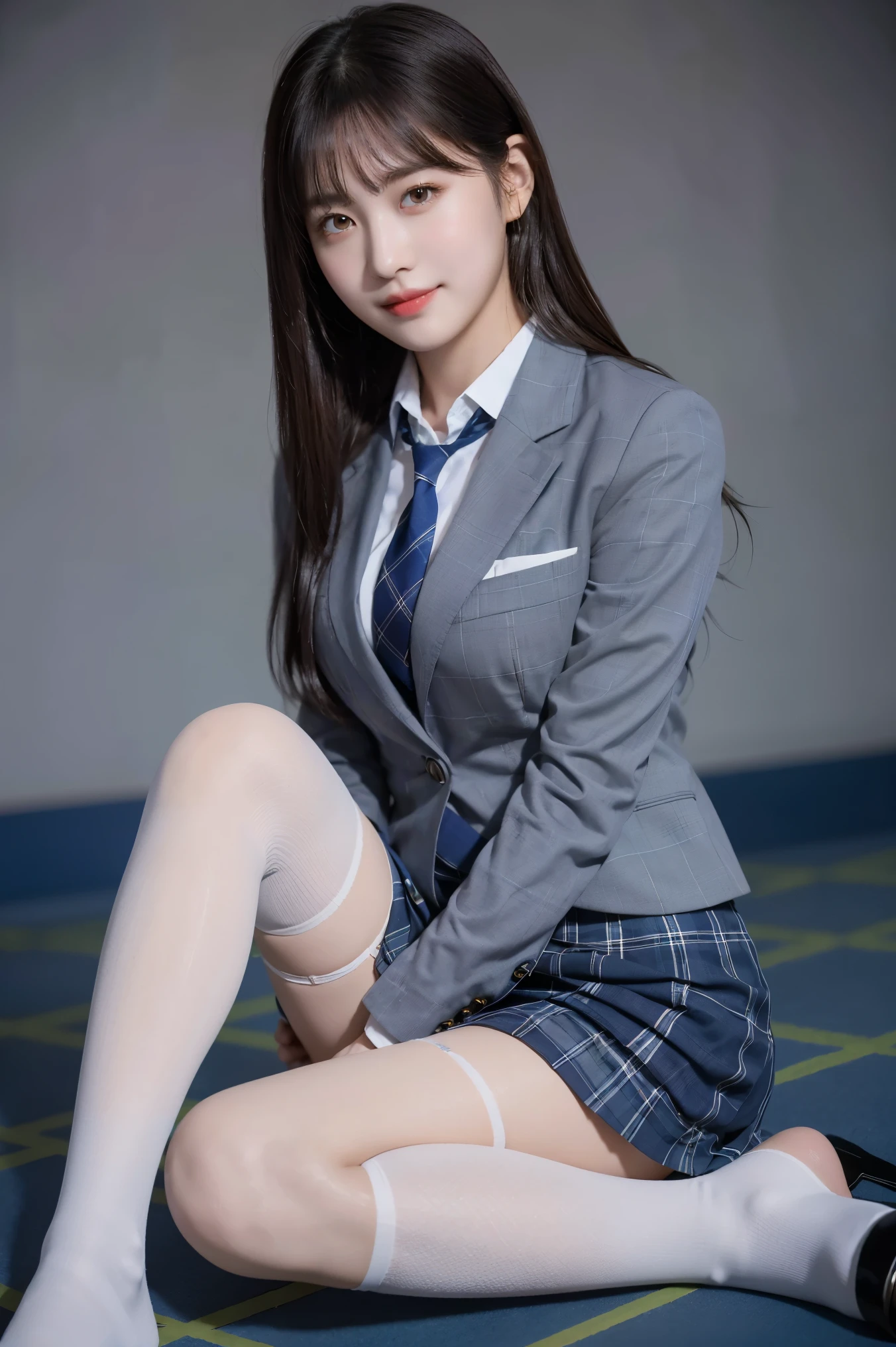 (8K), (highest quality: 1.2), (realistic), (realistic: 1.37), ultra high resolution, (1 girl), cute, smile, closed mouth, beautiful details, beautiful nose, wet hair, giant dulcefo, pork, thighs,self snap,University Student Uniform,(A simple navy blue blazer),pleated skirt,(The skirt and tie are gray tartan check pattern....:1.3),(sitting:1), sit on the ground,(hug your feet:1),white pantyhose,from the front,knees
