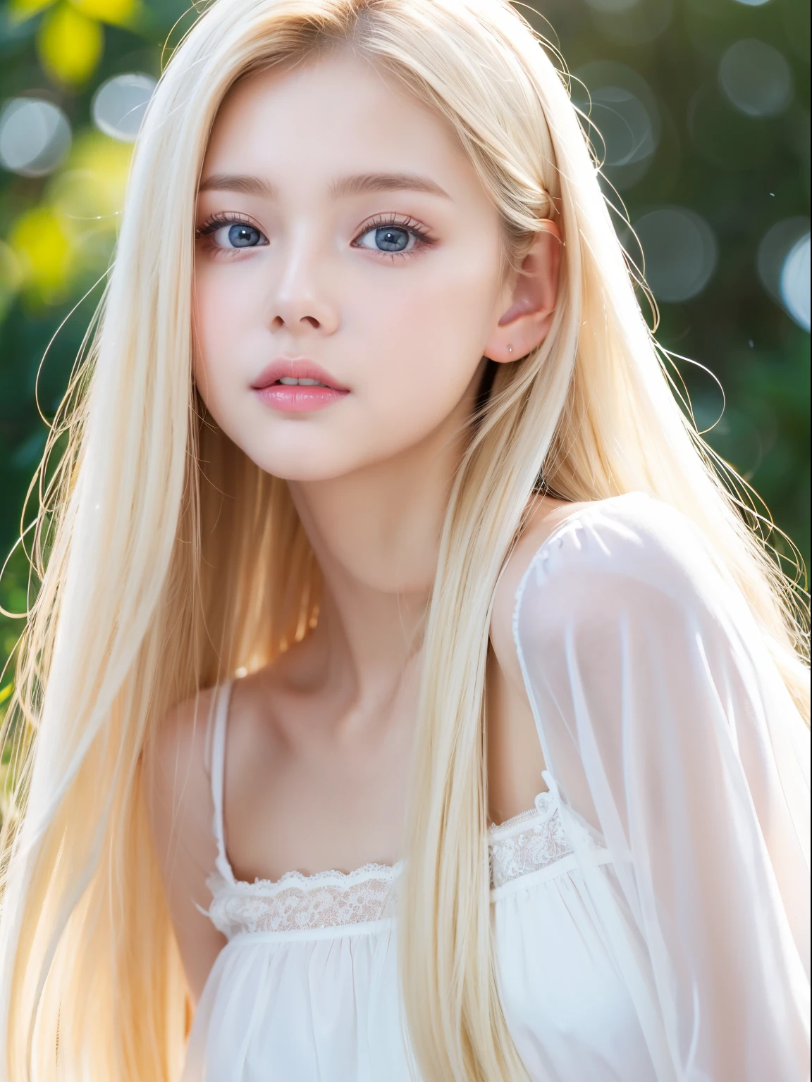 Dazzling golden shine、Silky blonde fine hair、Super long straight hair、Hitting the face and front of the eyes、bright, Very beautiful pale marine blue eyes、Sheer white and wet nightgown、Nordic youth、Perfect body、White beautiful skin、Glowing Skin、Small Face Beauty、Babyng and beautiful skin、Perfect beautiful little face、bright makeup、Cheek gloss、Gloss Face、Very beautiful face、Pale pink lips、bright表情、A very cute 16 year old gned shirt、lipstick、Deceptive advertising、{vapor}、Viewer's vision、Golden Hour Lighting、Bokeh Atmosphere Perspective、detailedな動画 ライト、Intricate details、High resolution、フェイスデザインのdetailedな特徴、detailed、Clear focus、Smoothness、aesthetics、Printed、Octane、masterpiece、{{}}