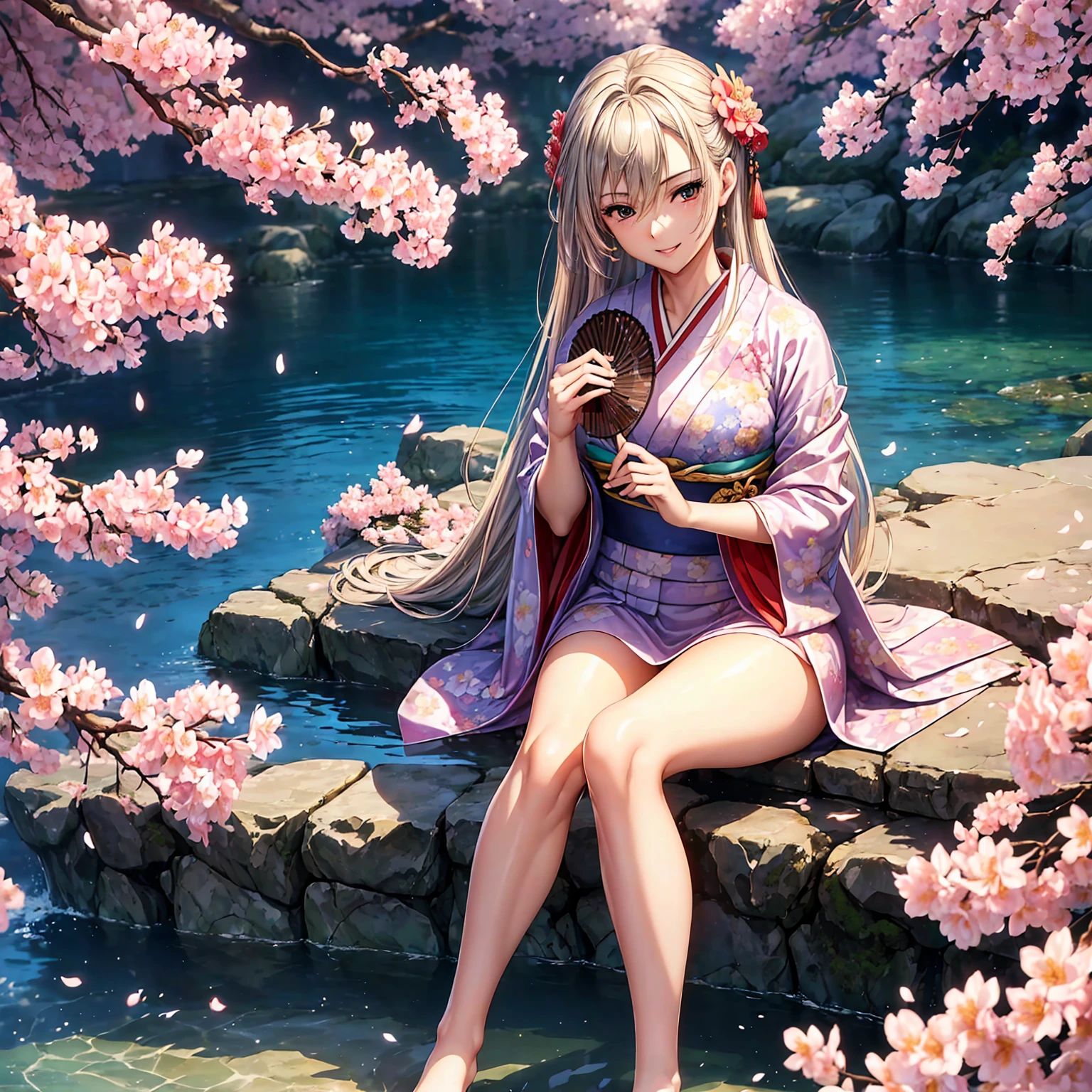 (((Highest quality、masterpiece、Very high resolution、Highly detailed images,2.5th Dimension))),Beauty Painting,(A woman of perfect and ultimate beauty:18-year-old, Beautiful body:Slender and beautiful breasts、Beautiful Face:smile、Beautiful Hair:Colored)、(Best skin and hair texture)、((Beautiful Japanese Kimono:Floral,Holding a folding fan)),、Beautiful waterfront:Cherry blossoms and waterfall,Natural light,Beautiful views,Beautiful colors,(Beautiful posture:1.5)、Model pose、Sculpture Pose、Photo engraving、photo shoot、Overall image、Accurate Images、Accurate anatomy、Perfect Image,Beautiful images,(Best Shot,RAW Photos:1.2)
