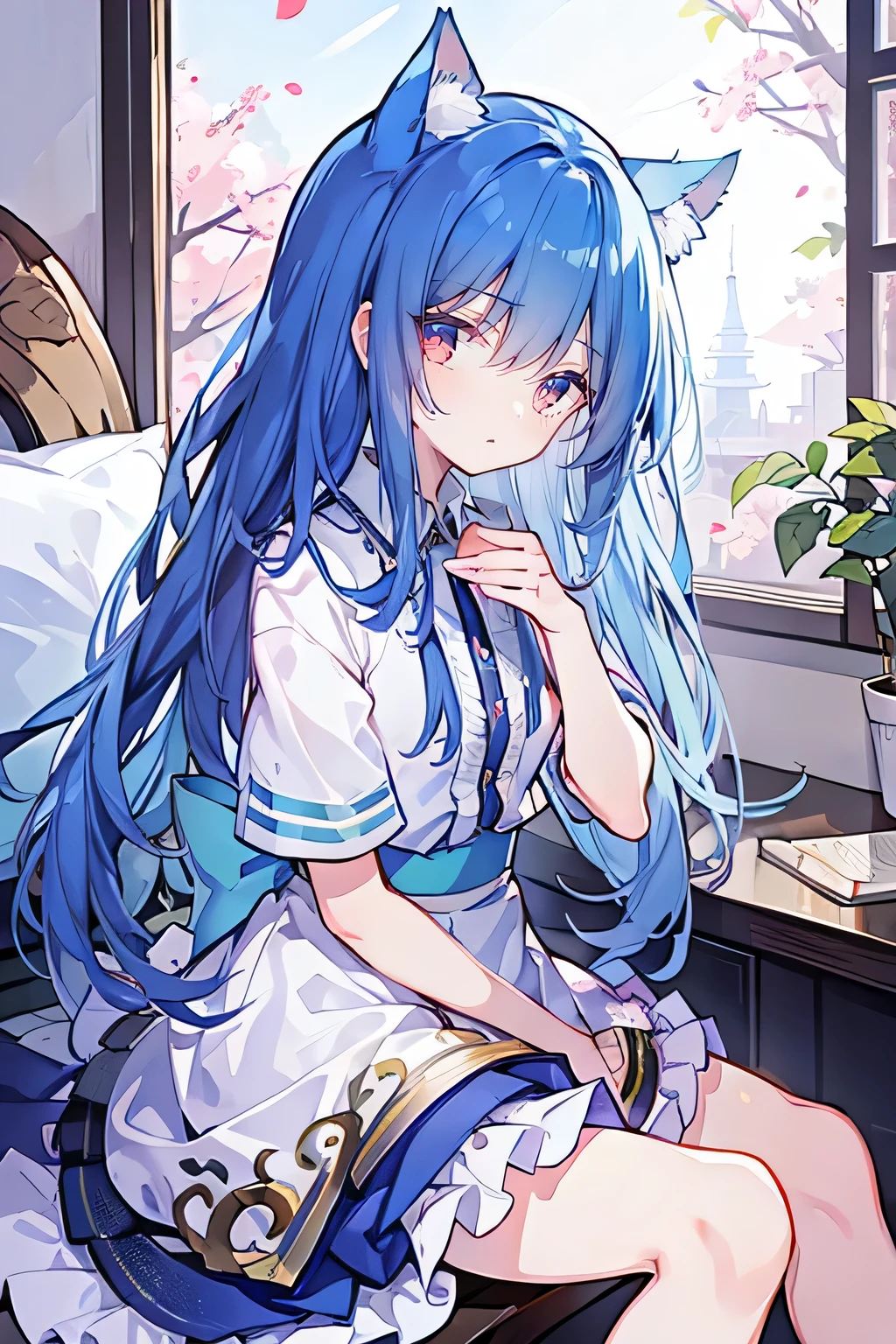 (masterpiece:1.2),Super detailed,lifelike,Expressive eyes,fair skin,perfect face shape,1 girl,
Japanese comics,Gorgeous blue hair,flowing blue hair,flowing clothes,Cat ears,Petals fall,beautiful lola,Baby Angel,
Shaking head with one hand,Cross your legs,,The pavilion is cool and comfortable,smile,back views,sunrise,Petals fall,sunrise,sitting on window sill drinking coffee and looking out the window。