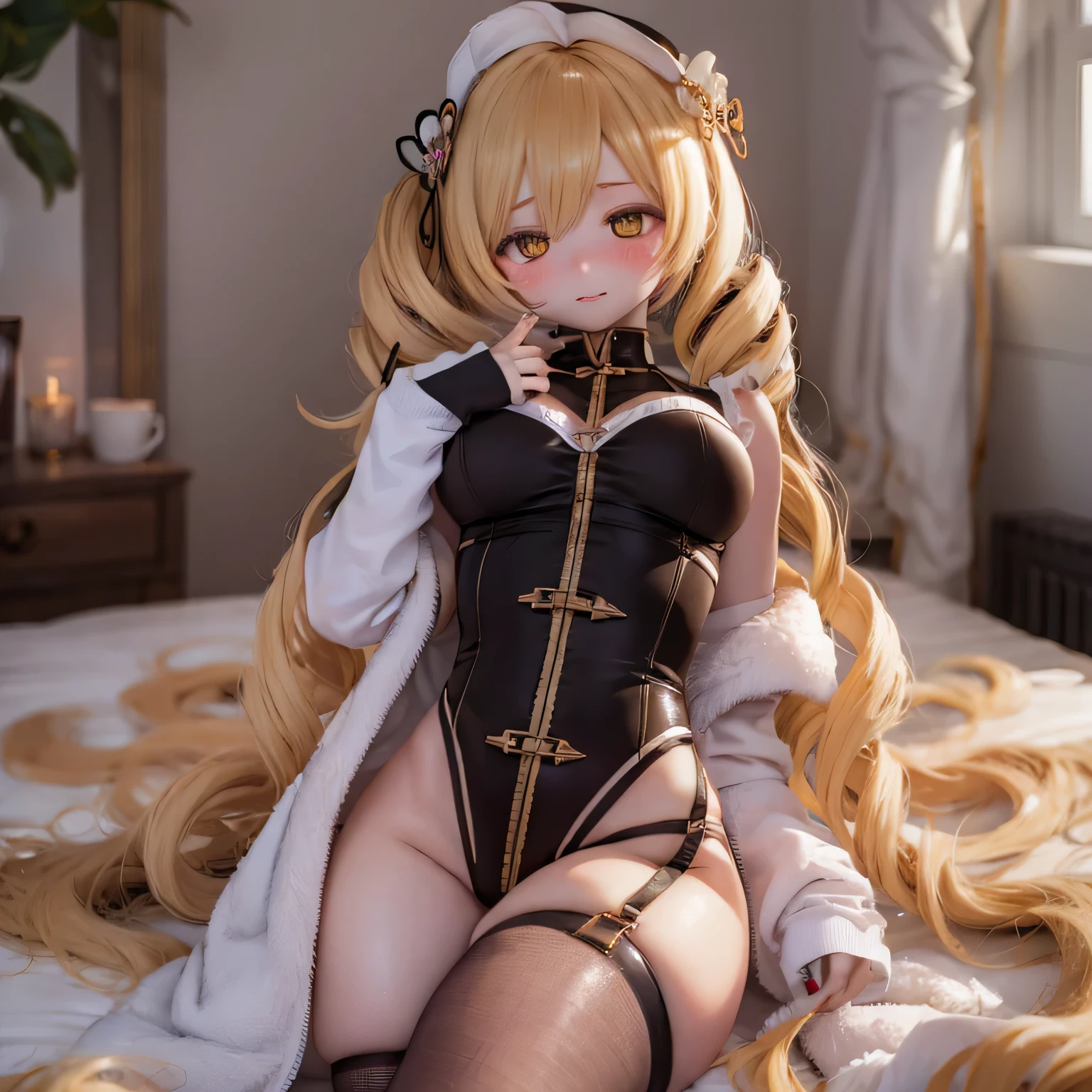 detailed, Beautiful woman with expressive eyes, Perfect Face, Long golden hair, Golden Eyes, Pでk Lips, Attention to detail, Anime Style, Bright colors, cute, Thick and sensual lips, Curvaceous and sensual body, blush, Rye and bed. poor、Looking back over her shoulder in a sexy pose