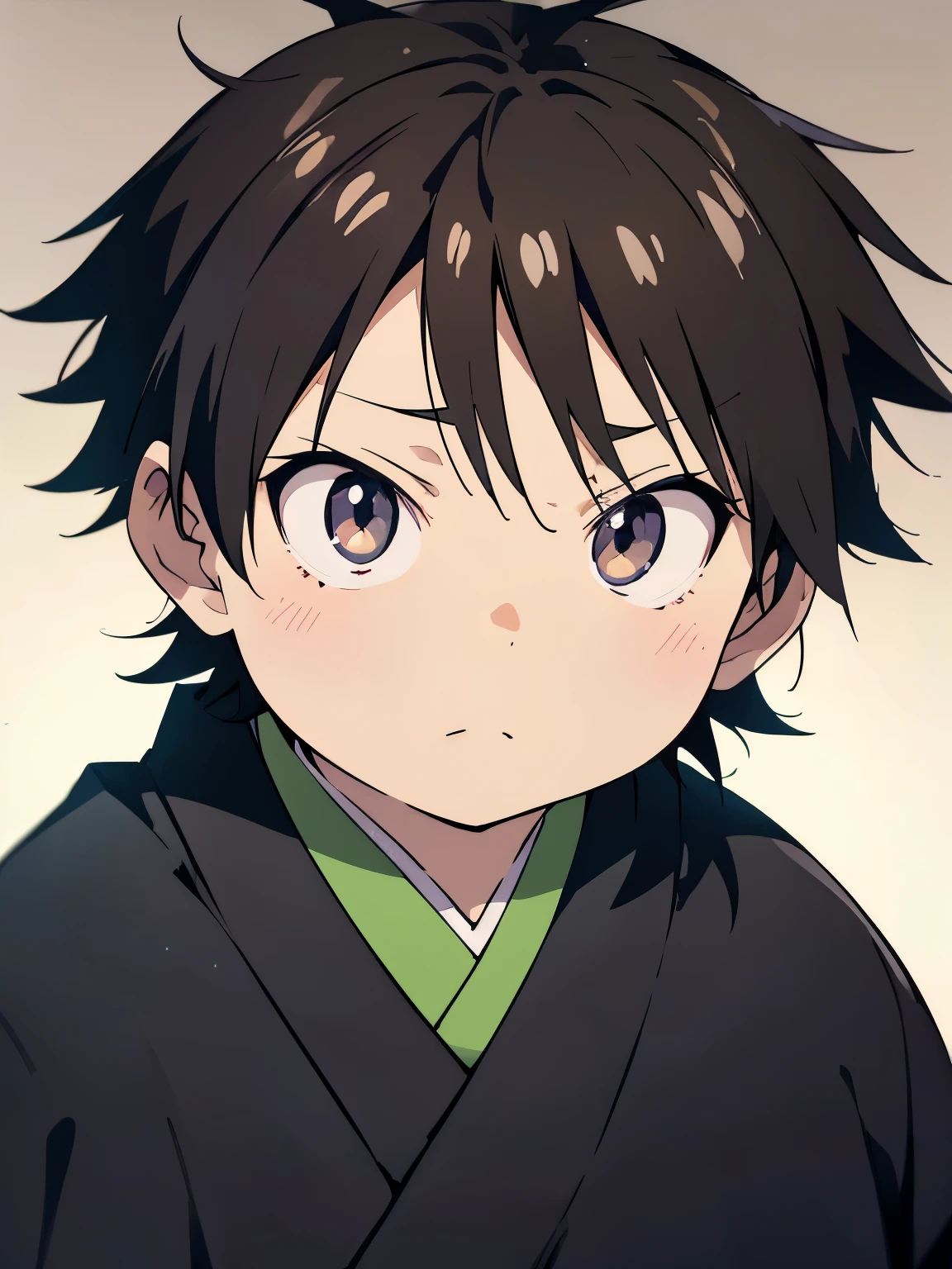 a painting portrait of boy wearing ((black kimono)) in manhwa style, [Haruyuki Arita] is a kid boy from [Accel World] that has brown short hair in spiky hair style and ((black eyes)), close angle, overweight!! teenager, sad atmosphere, high definition, masterpiece, best quality, high detail, grain filter, mamoru hosoda, nagatoro, OBESE ), Totorrl, tanaka suguru, anime hi-fructose, anime”, overweight!! teenager, ( ( ( yoshinari yoh ) ) ), anime cel shaded, a-1 photos, muscular!!, 11 years old, todler, ((all black kimono)) standing alone, (Pokémon Arita wearing an black kimono), ((work of art)), ((high resolution)), ((best qualityer)), extremely thin and beautiful, super fine illustration, (realisic skin), (olhos de anime incredibily detaileds), face detailed, vivid and beautiful, Shocking sensation, incredibily detailed, detailed chubby boy, from front view, facing at viewer, perfil, perfect shadow, realistic shadowed lighting, (shorth hair)
