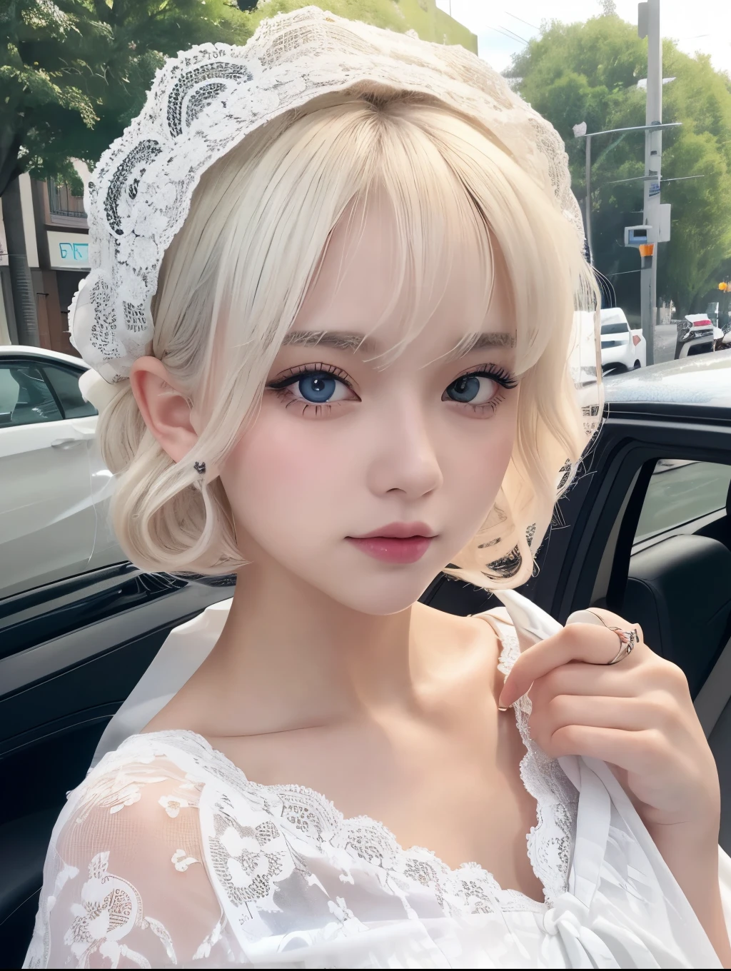 A young woman with striking white skin and large expressive eyes、She has short, curly platinum blonde hair.、It is partially covered by a black bonnet decorated with lace and intricate patterns.。There is a large circular white lace trim on the back of the hood.、It's becoming more and more glamorous。Her outfit was an intricate Victorian-style dress, mostly in black and white.、Ruffled lace、ribbon、The bow is multi-layered。The dress has a high neck and long sleeves.、The sleeves have elaborate lace cuffs。A long decorative chain and pendant hangs from the neck.。She is surrounded by white flowers and dark green leaves.、Contrast with the teal background。The lighting is soft、It creates a quiet and somewhat sad atmosphere.。Her expression is calm, but she is gazing into the distance.、Lips slightly open。The overall style is very detailed and delicate.、It combines elements of Gothic and Victorian fashion with a modern and fantastical twist.。