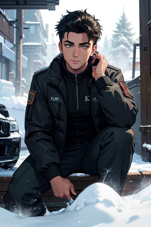 1 handsome young man in his early 20s, green eyes, detailed eyes, olive skin, mid length black hair combed to one side, playful smile, tall, athletic body, black winter jacket, cargo pants, winter lounge, snowy mountain (best quality,8k,highres,masterpiece:1.2),ultra-detailed,(realistic,photorealistic,photo-realistic:1.37),portrait,studio lighting,sharp focus,physically-based rendering,vivid colors,cold lighting