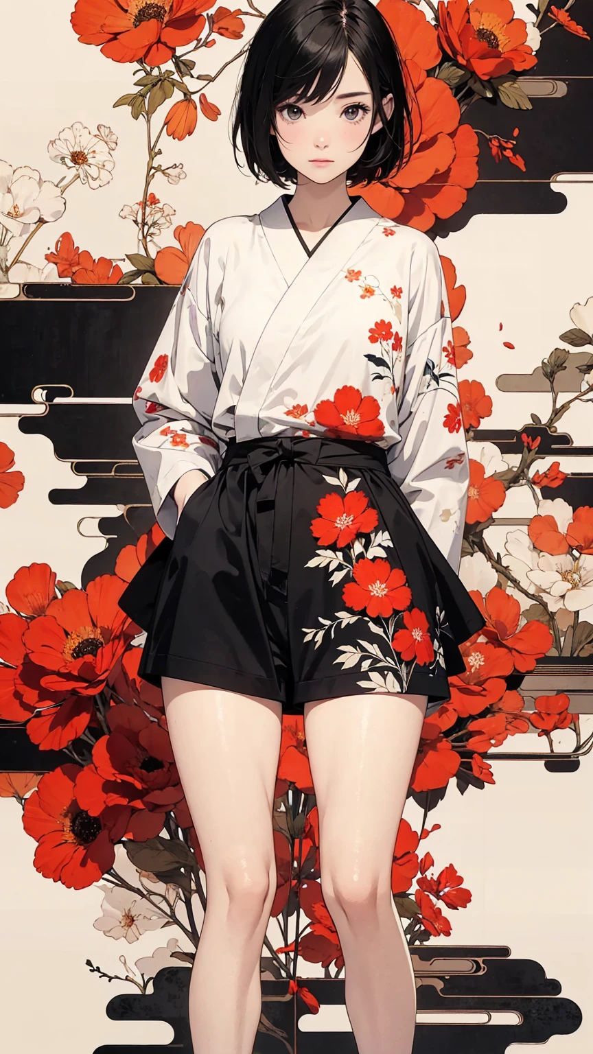 (masterpiece, High resolution, Highest quality), 20-year-old woman, Asymmetrical short hair, Standing at an angle with hands in pockets:1.3, Coordination of Japanese patterned haori and micro mini shorts:1.2, Petal Collage, abstract design, artistic juxtapositions, And handle background, warm color, mixed-media approach, Anime Style, Simple lines, Digital Painting, 