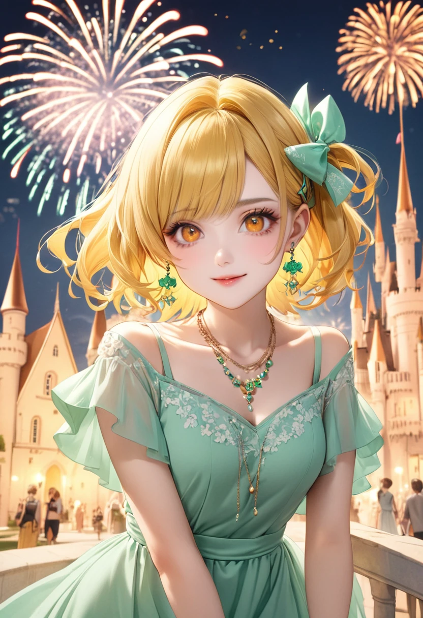1 female Yellow hair updo Yellow eyebrows Orange eyes society Pastel green long dress Castle and fireworks Hair clip Earrings and matching necklace